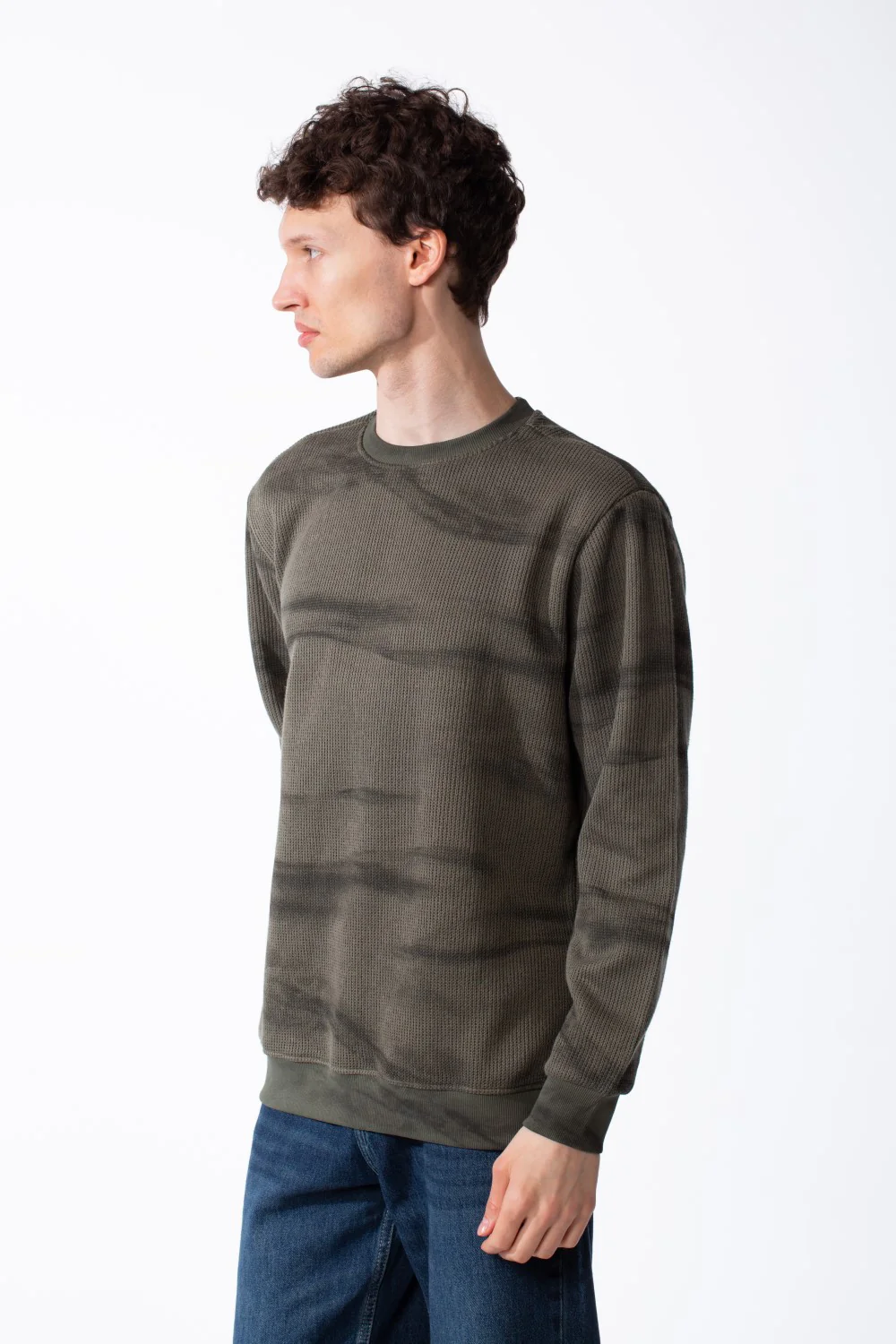 Men's Textured Waffle Knit Sweatshirt Spray Dyed Effect Crew Neckline Ribbed Cuffs And Hem Set-In Sleeves - Image 16