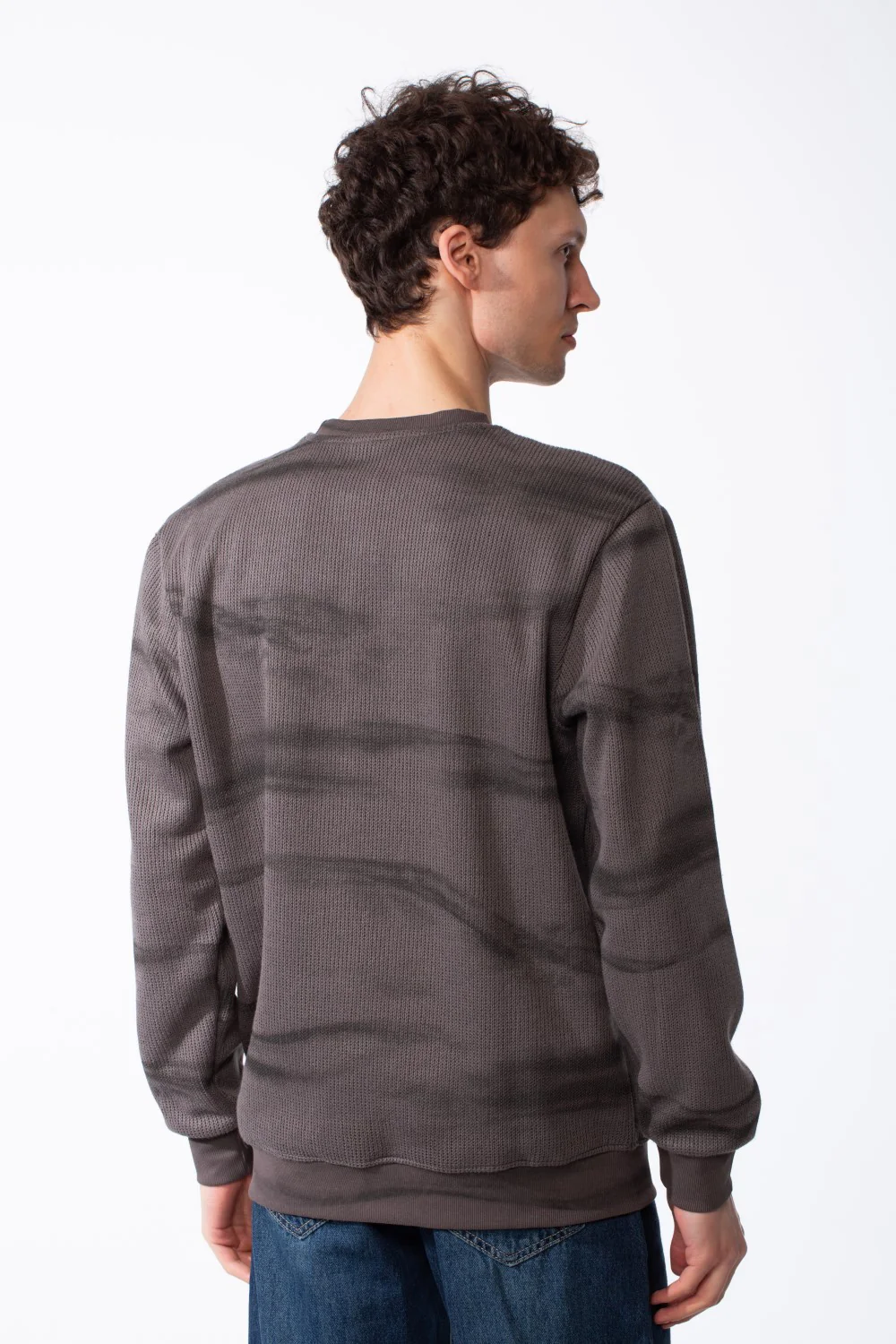 Men's Textured Waffle Knit Sweatshirt Spray Dyed Effect Crew Neckline Ribbed Cuffs And Hem Set-In Sleeves - Image 2
