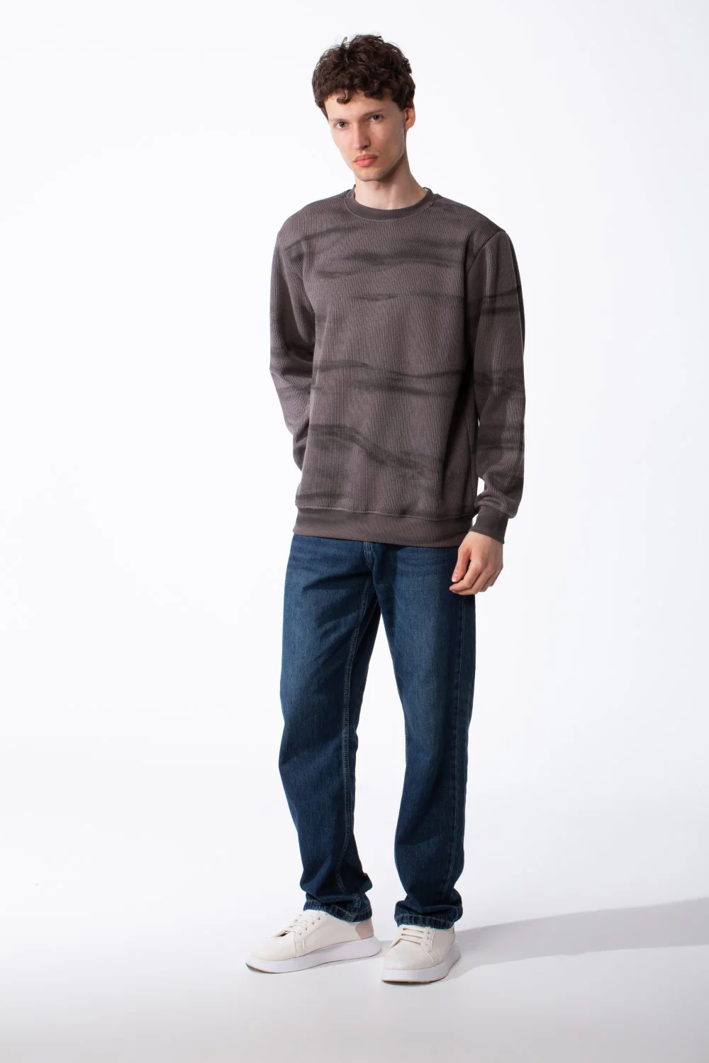 Men's Textured Waffle Knit Sweatshirt Spray Dyed Effect Crew Neckline Ribbed Cuffs And Hem Set-In Sleeves - Image 3