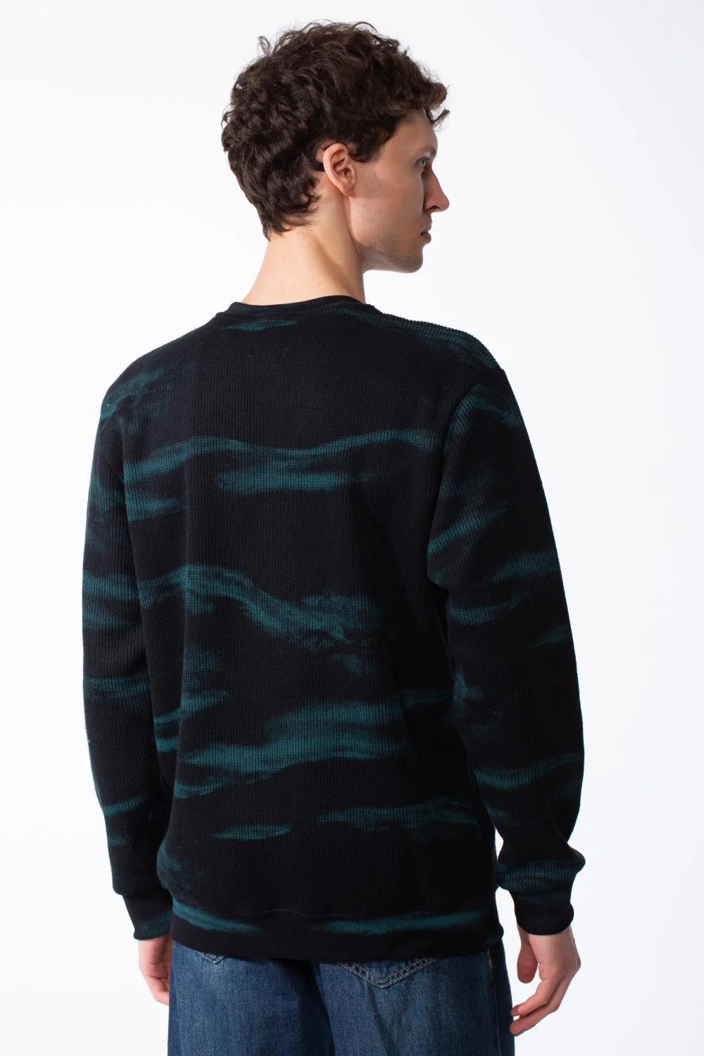 Men's Textured Waffle Knit Sweatshirt Spray Dyed Effect Crew Neckline Ribbed Cuffs And Hem Set-In Sleeves - Image 6