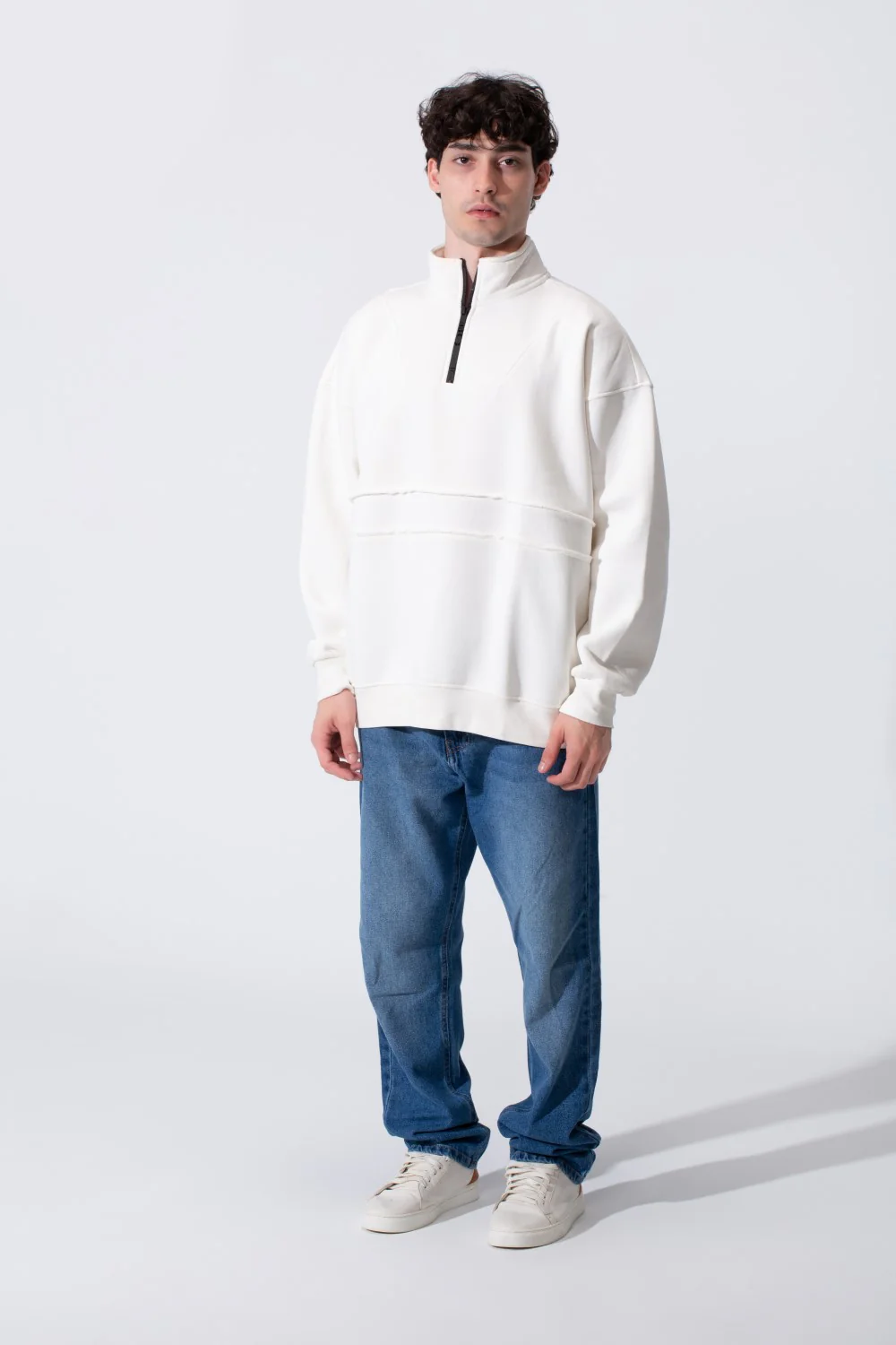 Men's Tomato Store Quarter-Zip Distressed Sweatshirt Panel Details Melton Oversized - Image 15