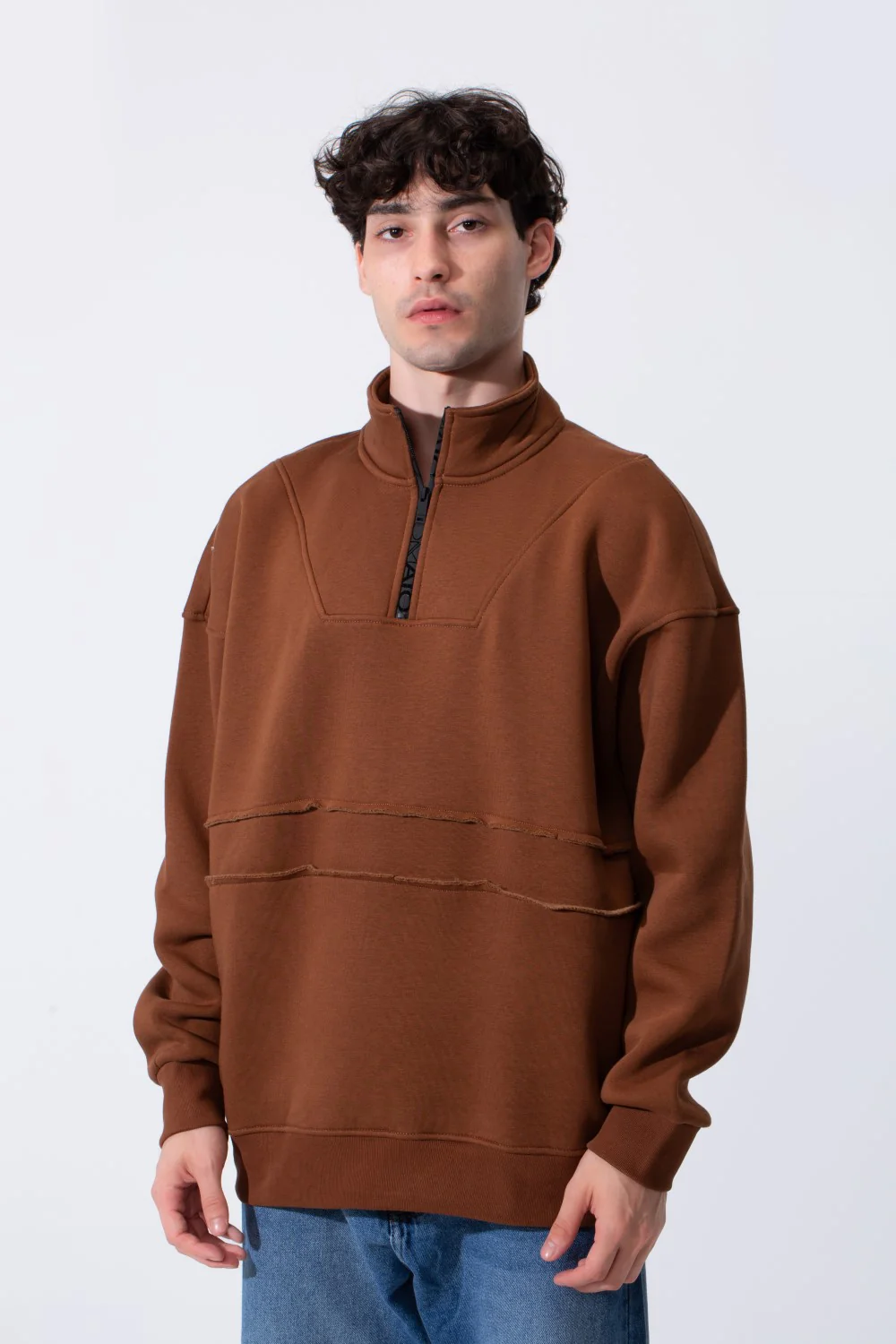 Men's Tomato Store Quarter-Zip Distressed Sweatshirt Panel Details Melton Oversized - Image 9