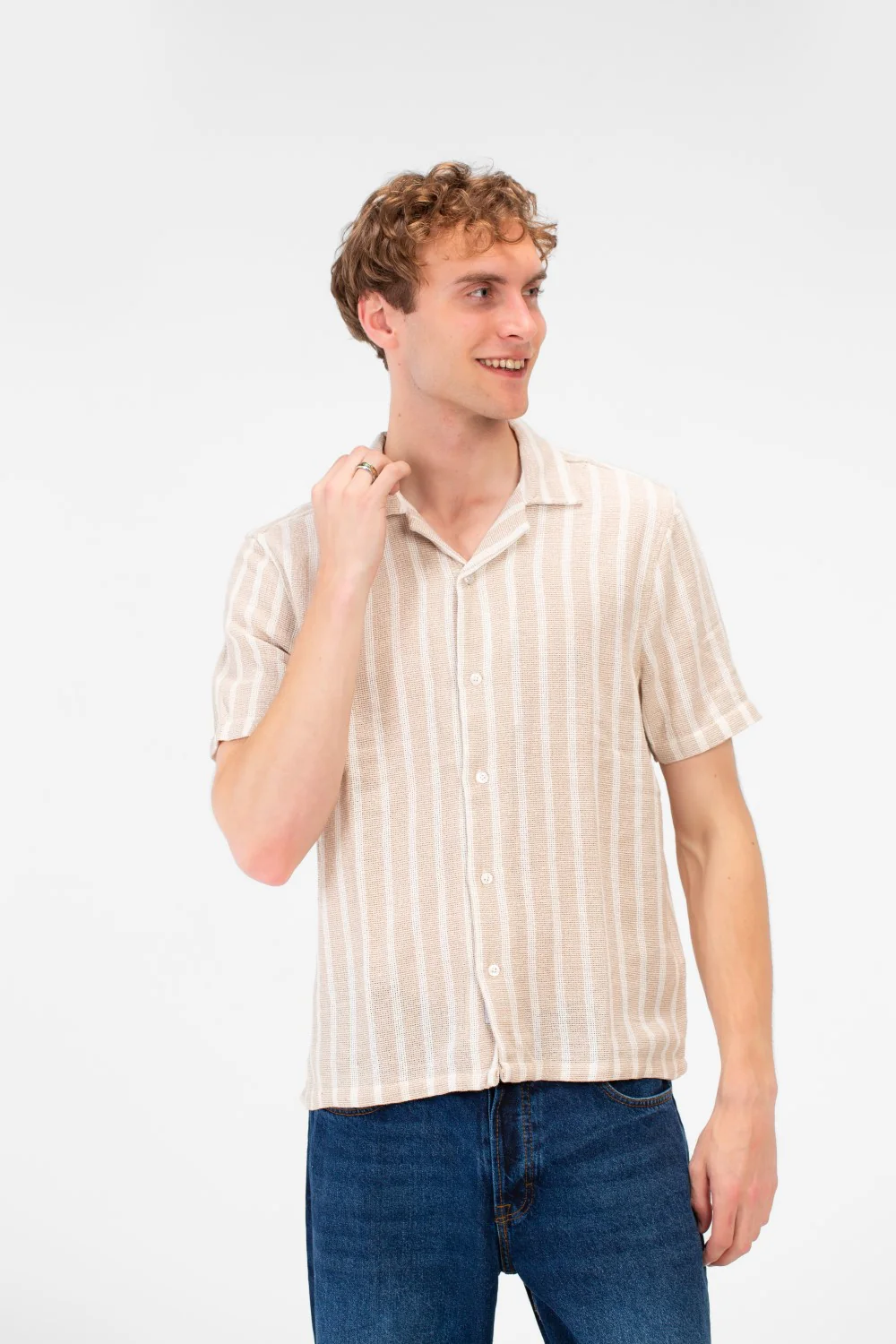 Men's Tomato Store Short-Sleeve Button Down Front Closure Textured Knit Striped Fabric Shirt