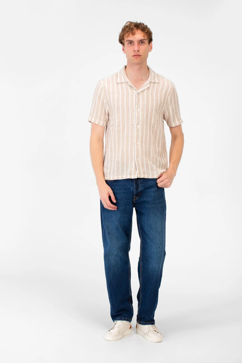 Men's Tomato Store Short-Sleeve Button Down Front Closure Textured Knit Striped Fabric Shirt - Image 3