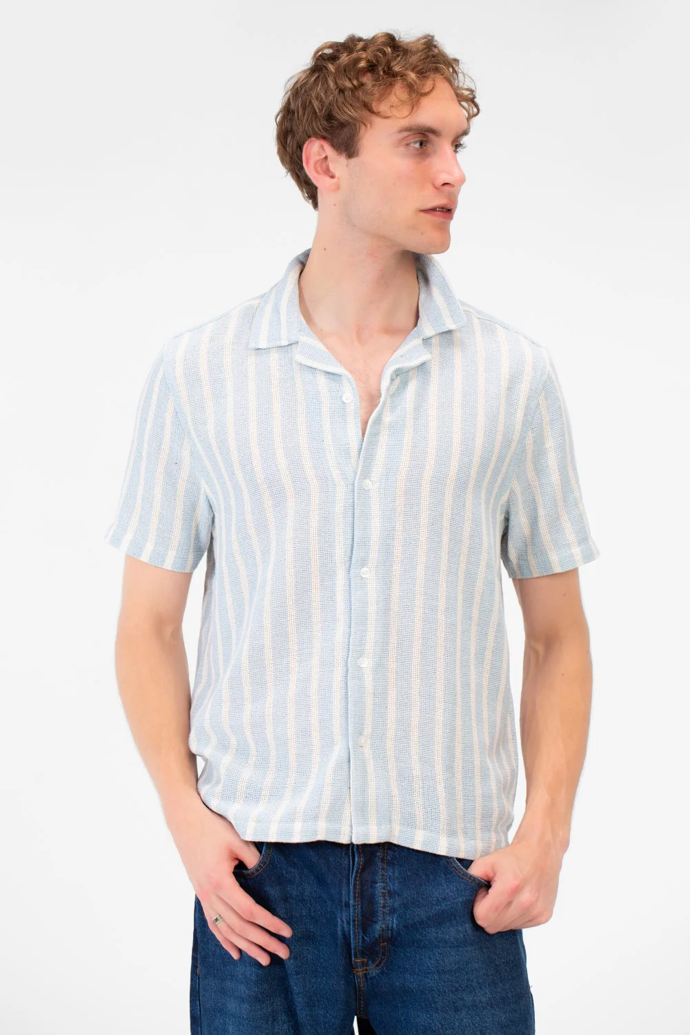 Men's Tomato Store Short-Sleeve Button Down Front Closure Textured Knit Striped Fabric Shirt - Image 5