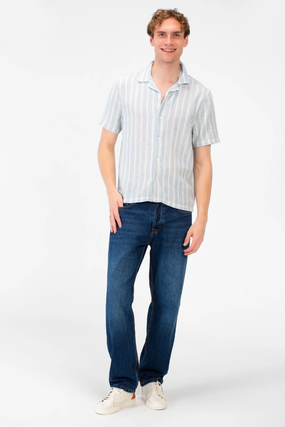 Men's Tomato Store Short-Sleeve Button Down Front Closure Textured Knit Striped Fabric Shirt - Image 7