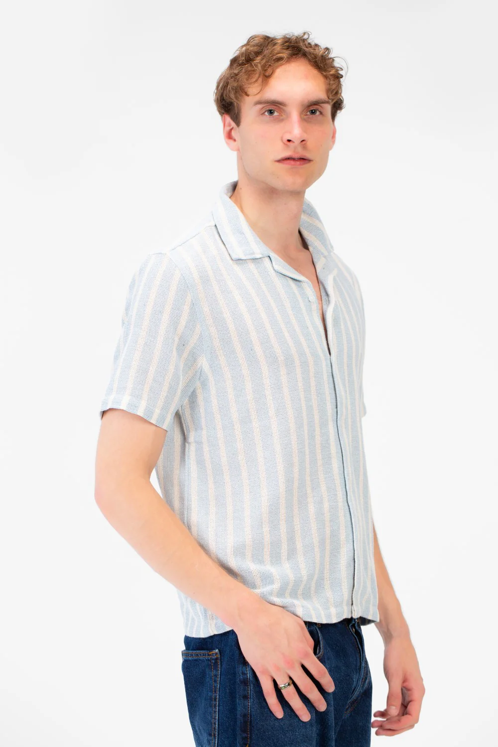 Men's Tomato Store Short-Sleeve Button Down Front Closure Textured Knit Striped Fabric Shirt - Image 8