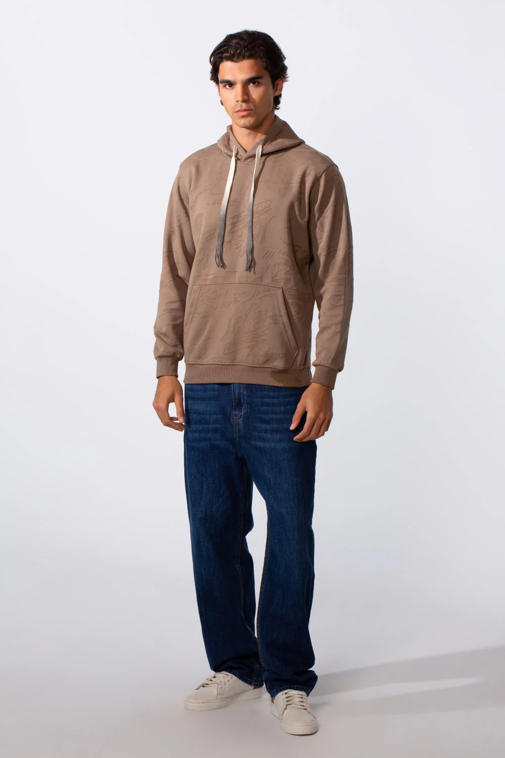 Men's Tonal Abstract Line Print Slim Fit Hood Sweatshirt - Image 10