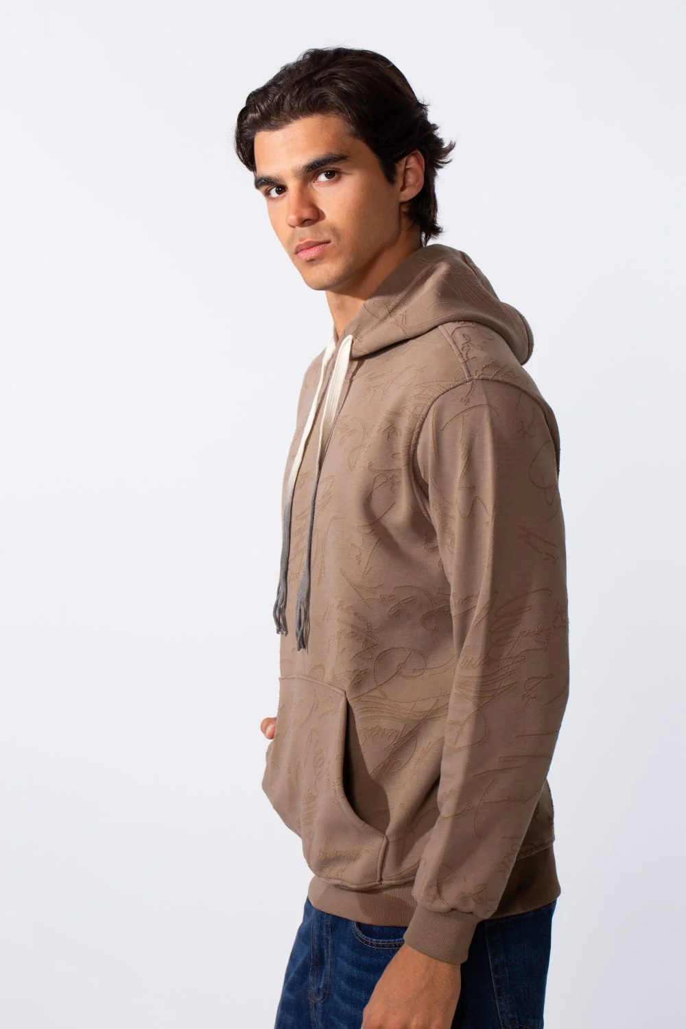 Men's Tonal Abstract Line Print Slim Fit Hood Sweatshirt - Image 11