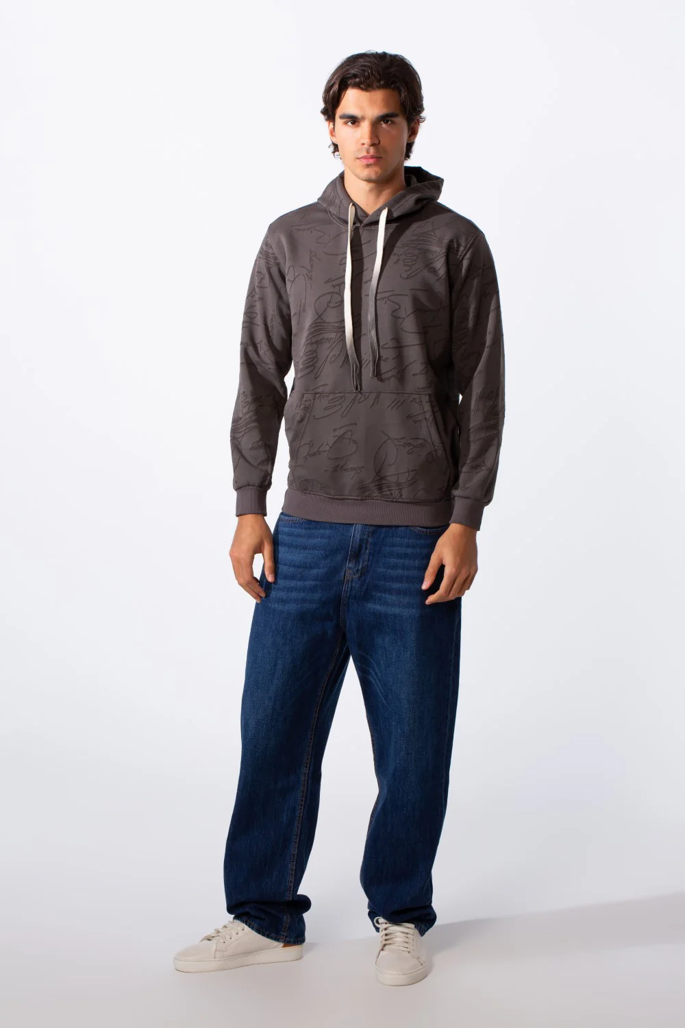 Men's Tonal Abstract Line Print Slim Fit Hood Sweatshirt - Image 3