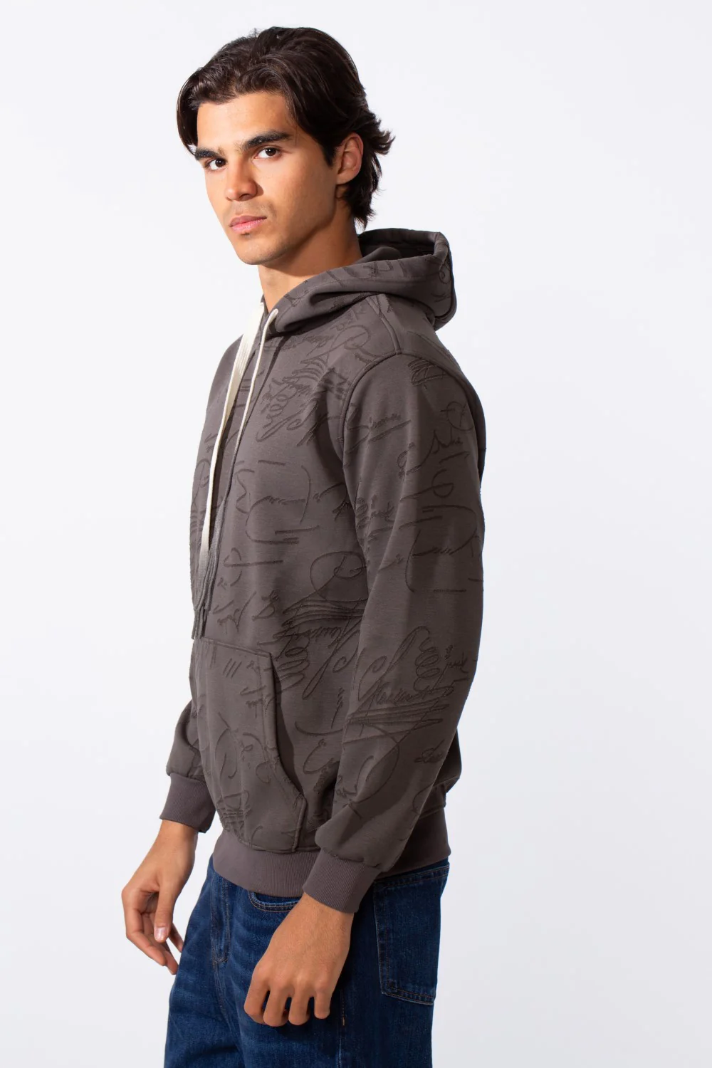 Men's Tonal Abstract Line Print Slim Fit Hood Sweatshirt - Image 4