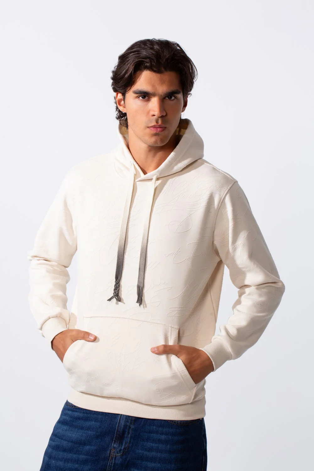 Men's Tonal Abstract Line Print Slim Fit Hood Sweatshirt - Image 5