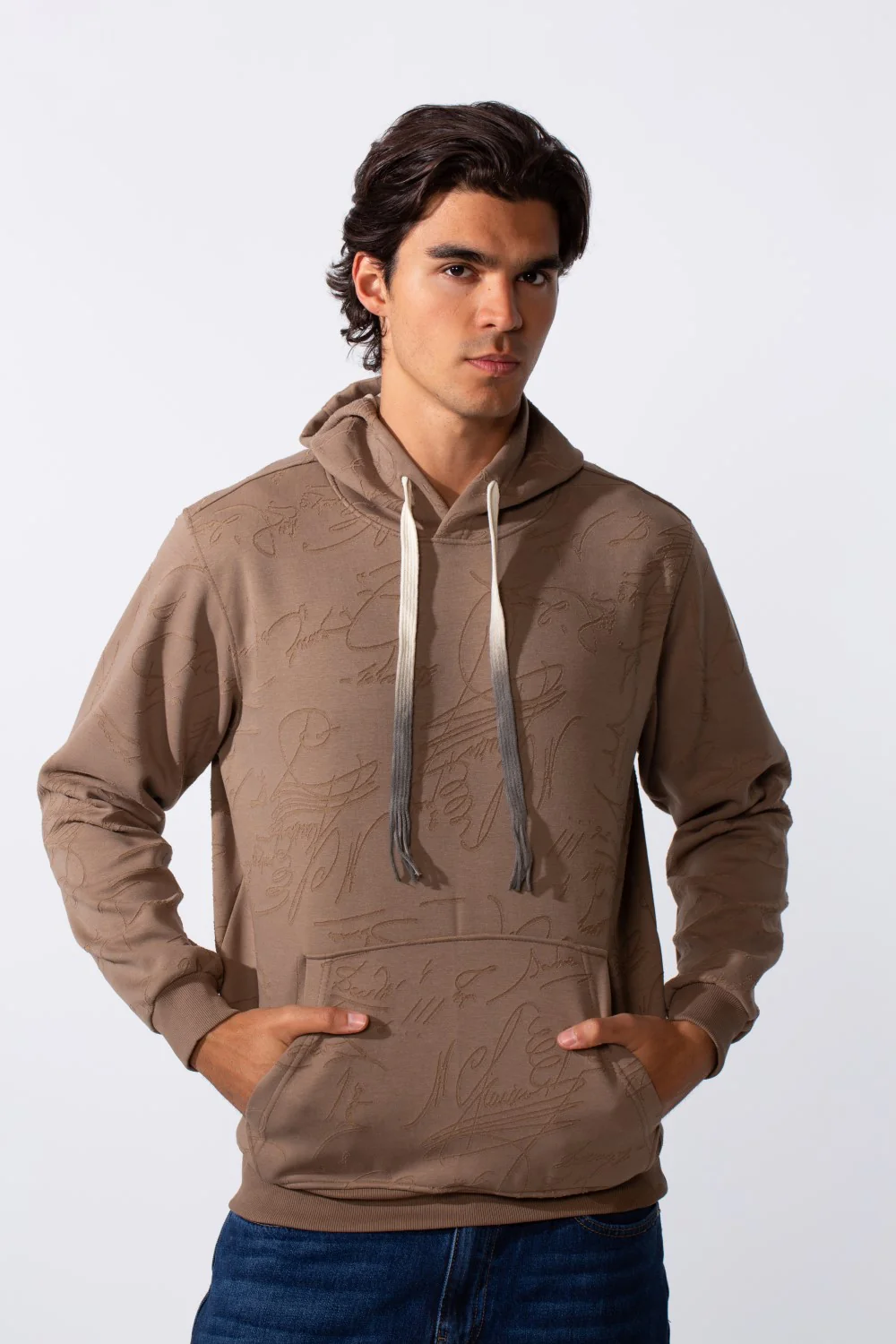 Men's Tonal Abstract Line Print Slim Fit Hood Sweatshirt - Image 8