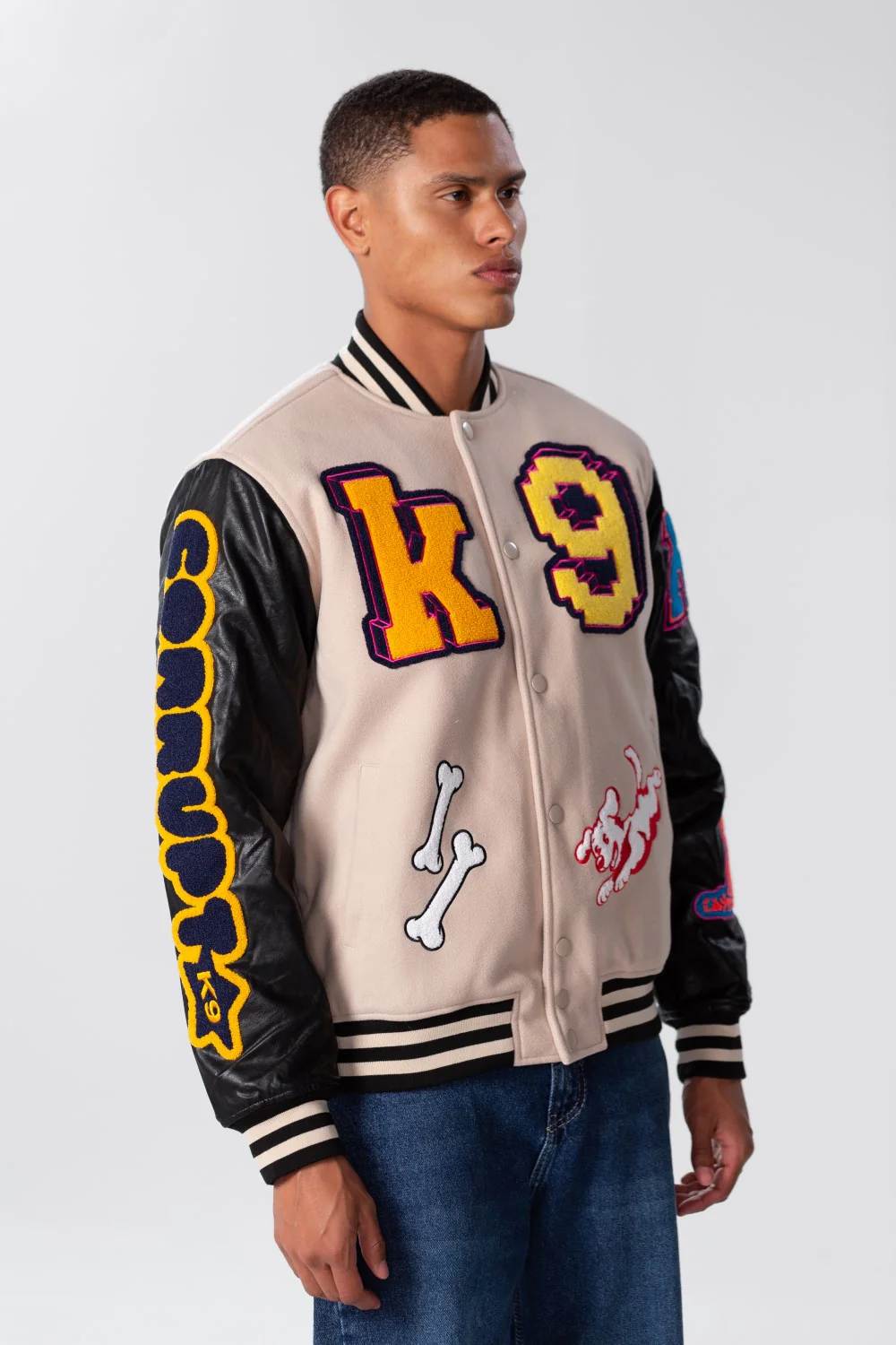 Men's Varsity Baseball Jacket In Leather and Melton Beige - Image 3