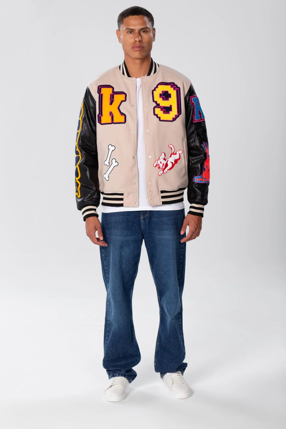 Men's Varsity Baseball Jacket In Leather and Melton Beige - Image 4