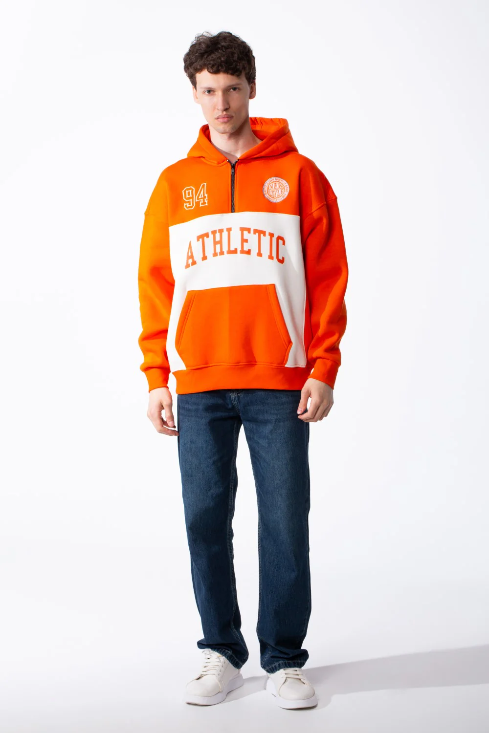 Men's Varsity Inspired Quarter Zip Bold Color Blocked Design Collegiate Style Graphics Mock-Neck Hood Kangaroo Pocket Over Sized Sweatshirt - Image 11