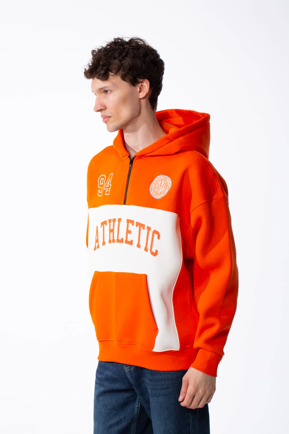 Men's Varsity Inspired Quarter Zip Bold Color Blocked Design Collegiate Style Graphics Mock-Neck Hood Kangaroo Pocket Over Sized Sweatshirt - Image 12