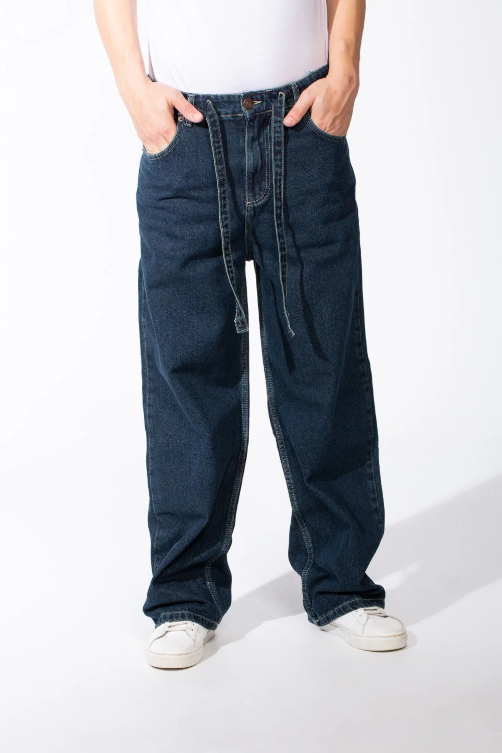 Men's Washed Baggy Utility Jeans Loose Fit Design Drawstring Waist Classic Five Pocket Pants - Image 2