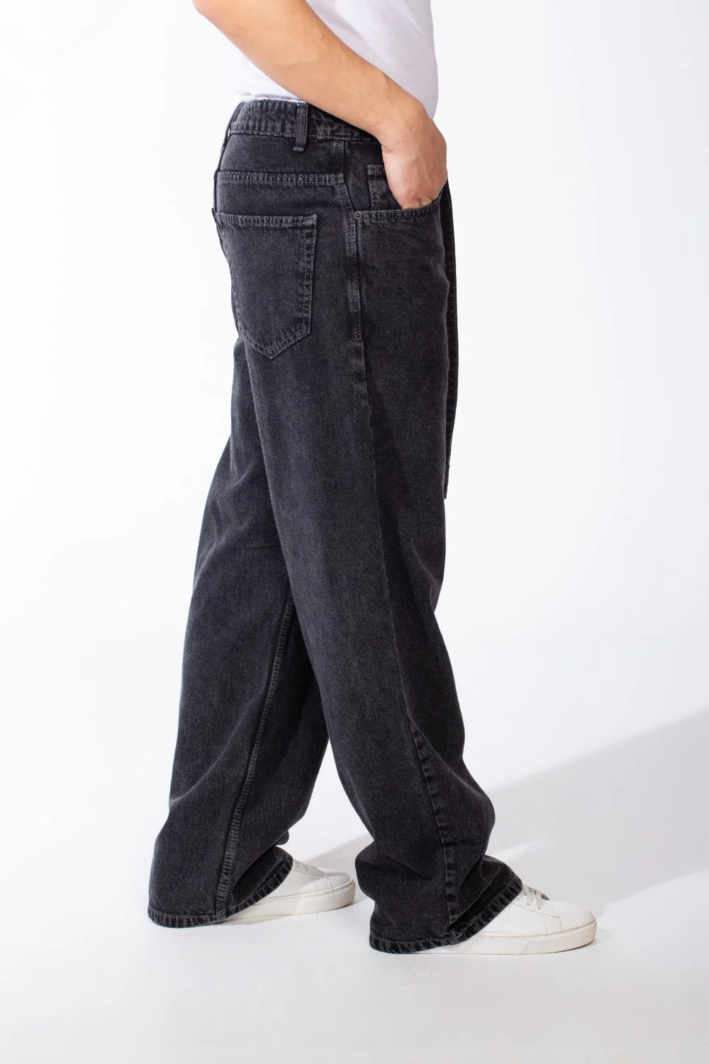 Men's Washed Baggy Utility Jeans Loose Fit Design Drawstring Waist Classic Five Pocket Pants - Image 4