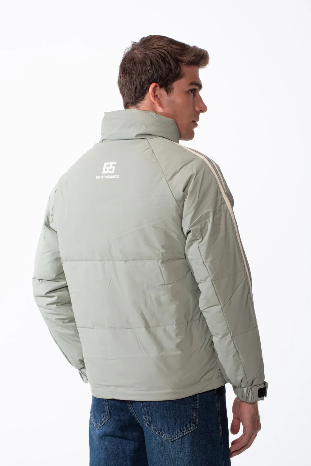 Men's Waterproof Long Stripe Sleeves High Neck Full-Zip Side Pockets Puffer Jacket - Image 14