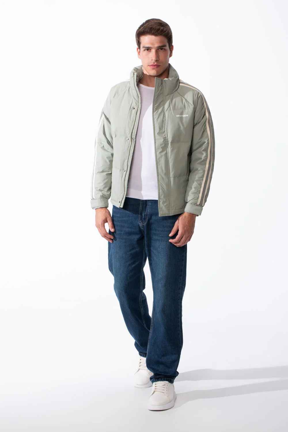 Men's Waterproof Long Stripe Sleeves High Neck Full-Zip Side Pockets Puffer Jacket - Image 15