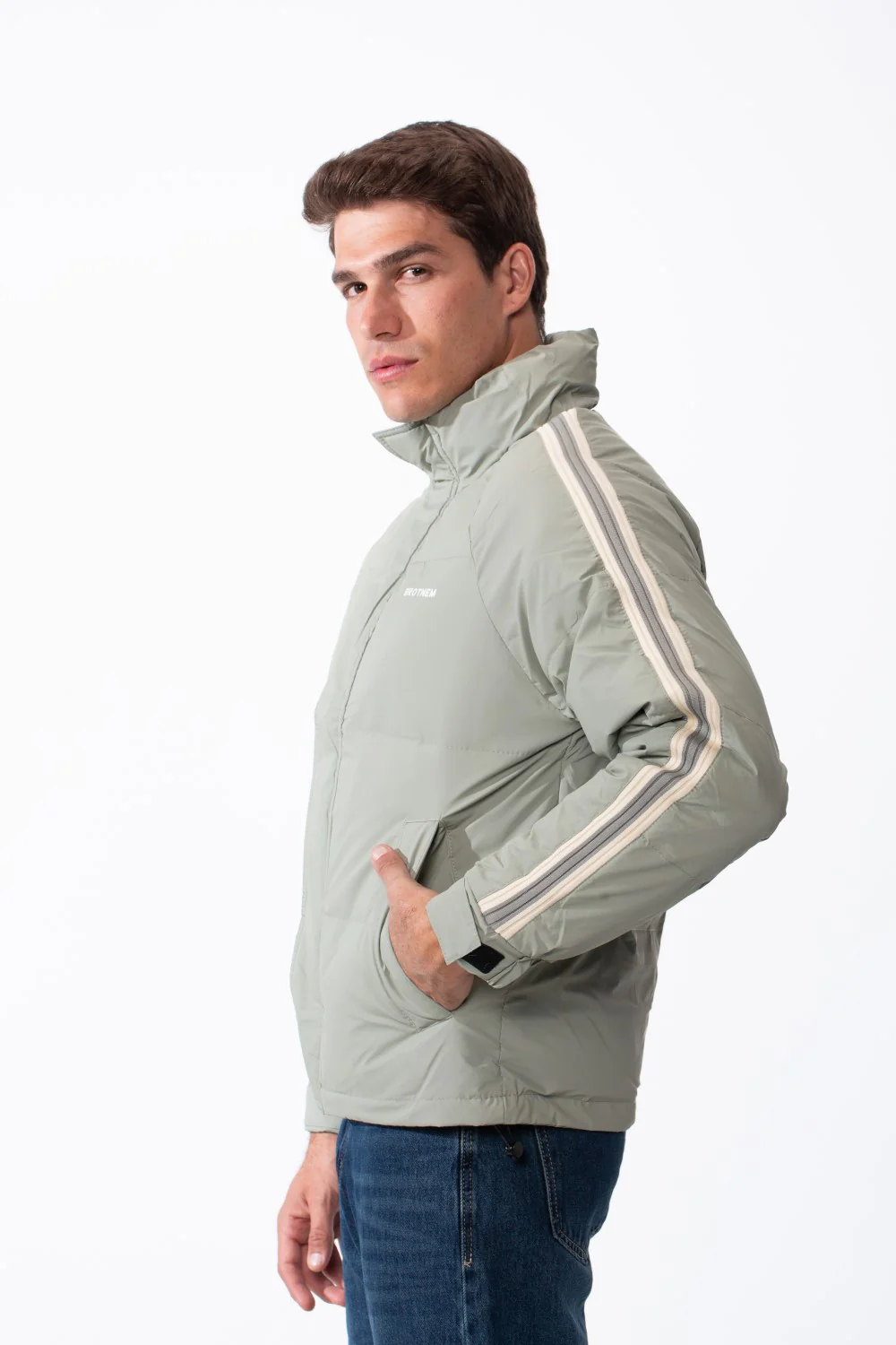 Men's Waterproof Long Stripe Sleeves High Neck Full-Zip Side Pockets Puffer Jacket - Image 16