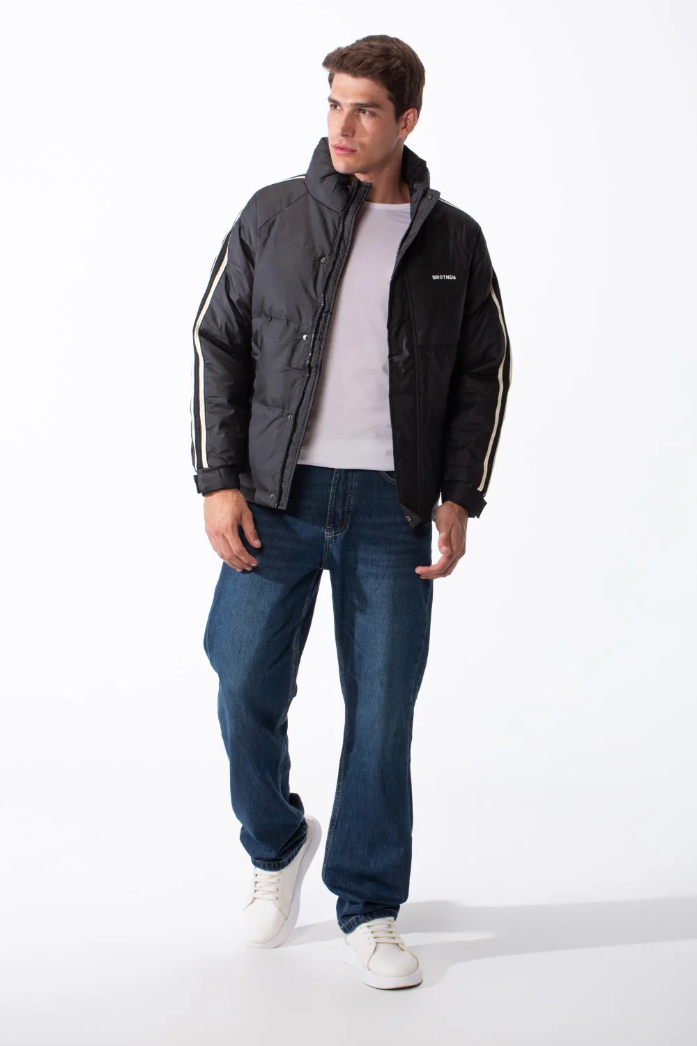 Men's Waterproof Long Stripe Sleeves High Neck Full-Zip Side Pockets Puffer Jacket - Image 3