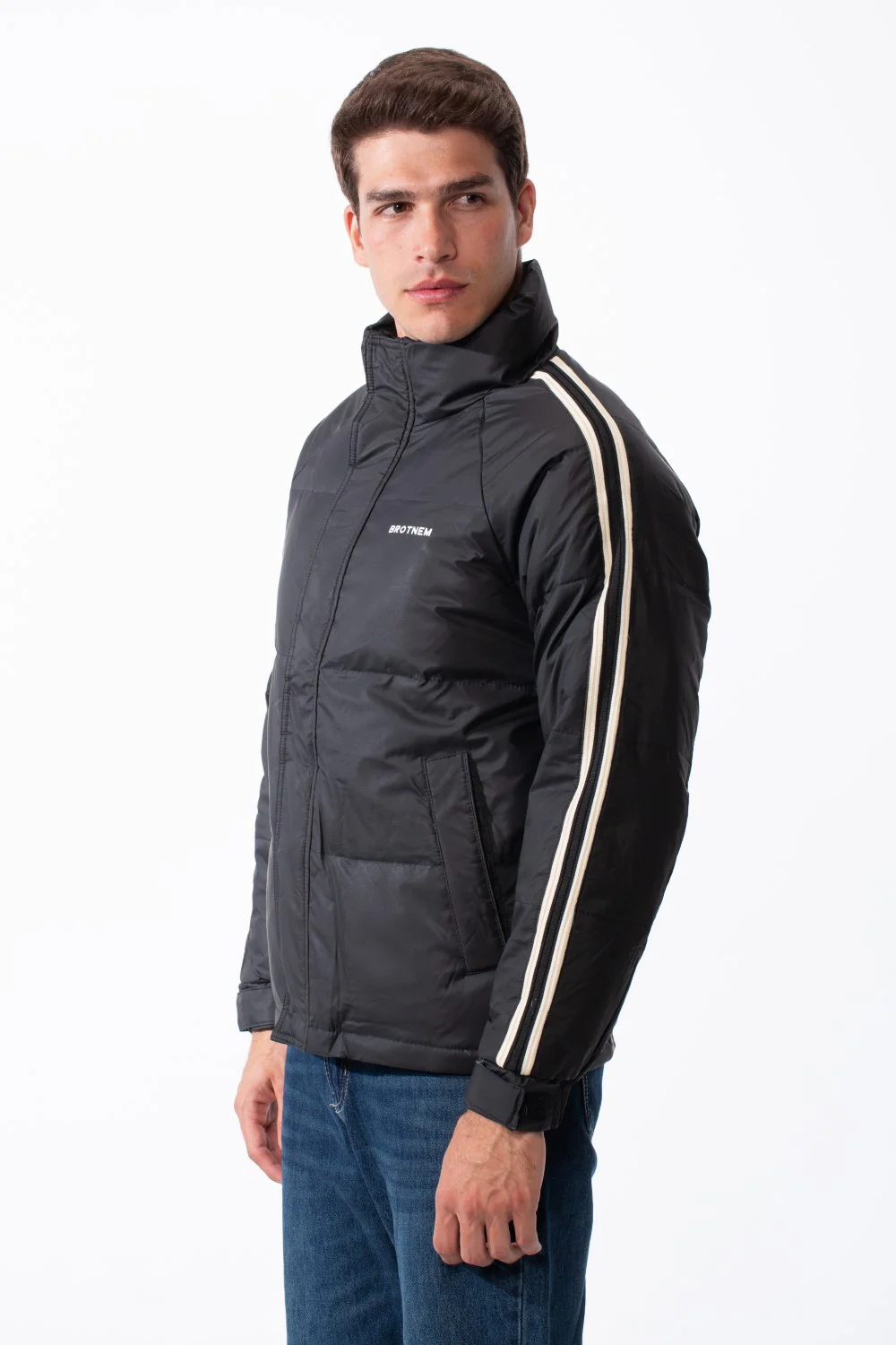 Men's Waterproof Long Stripe Sleeves High Neck Full-Zip Side Pockets Puffer Jacket - Image 4
