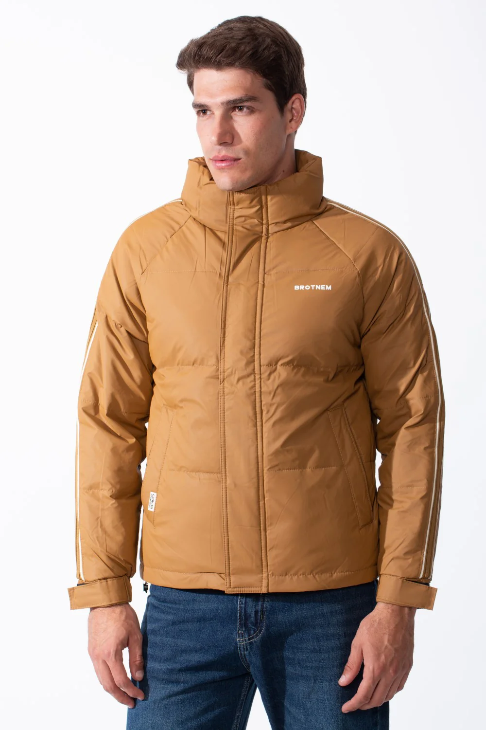 Men's Waterproof Long Stripe Sleeves High Neck Full-Zip Side Pockets Puffer Jacket - Image 5