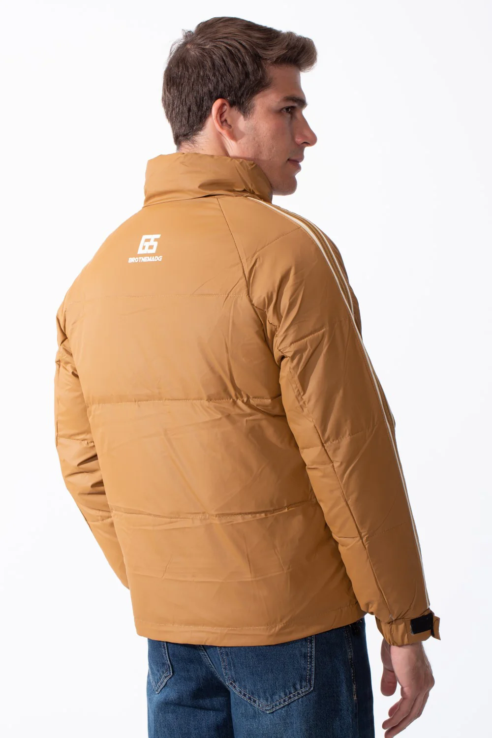 Men's Waterproof Long Stripe Sleeves High Neck Full-Zip Side Pockets Puffer Jacket - Image 6