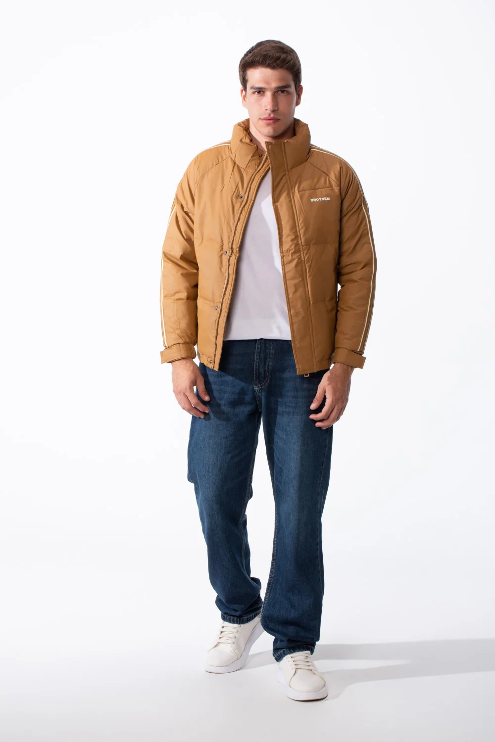 Men's Waterproof Long Stripe Sleeves High Neck Full-Zip Side Pockets Puffer Jacket - Image 7