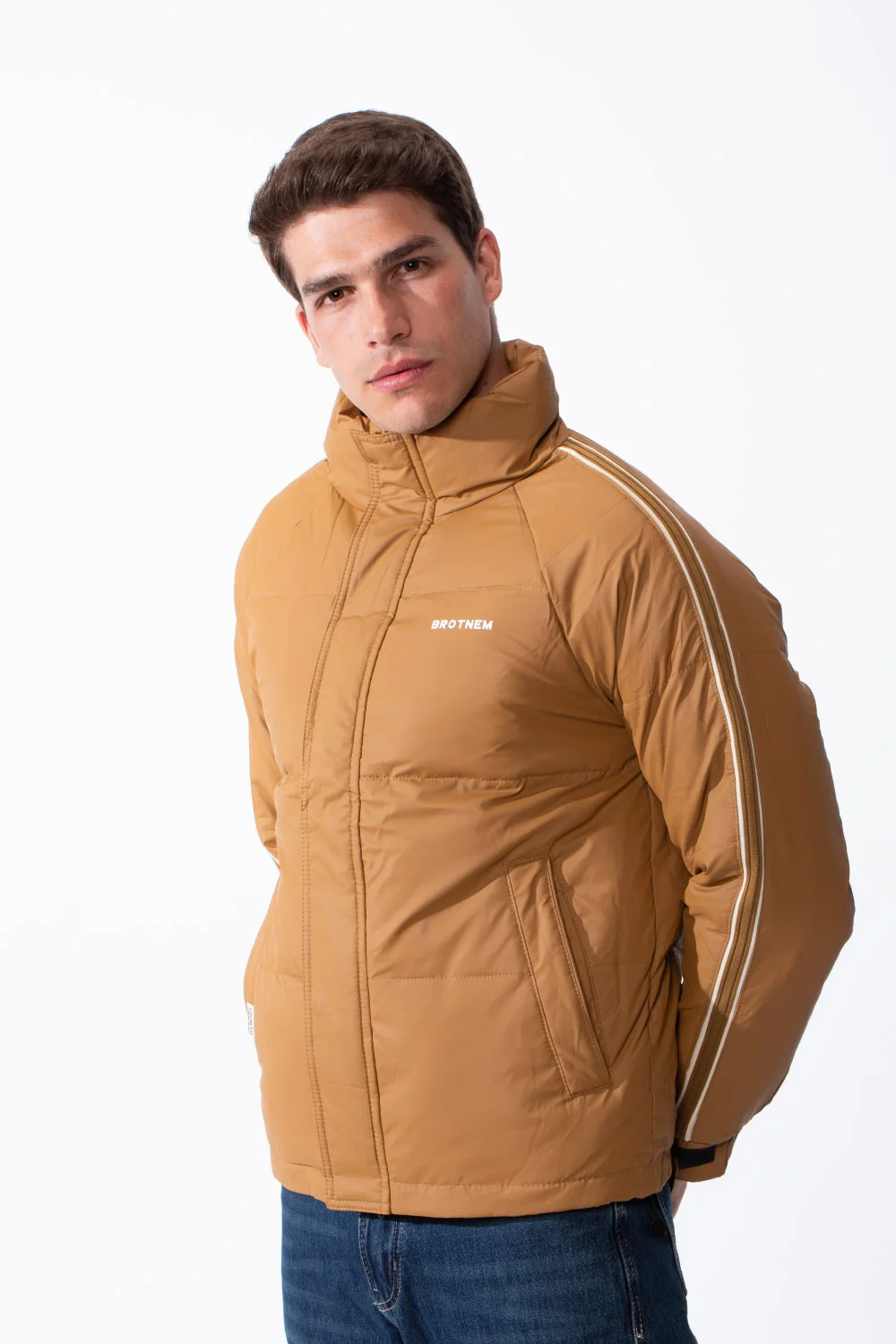 Men's Waterproof Long Stripe Sleeves High Neck Full-Zip Side Pockets Puffer Jacket - Image 8