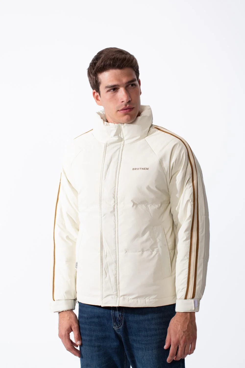 Men's Waterproof Long Stripe Sleeves High Neck Full-Zip Side Pockets Puffer Jacket - Image 9