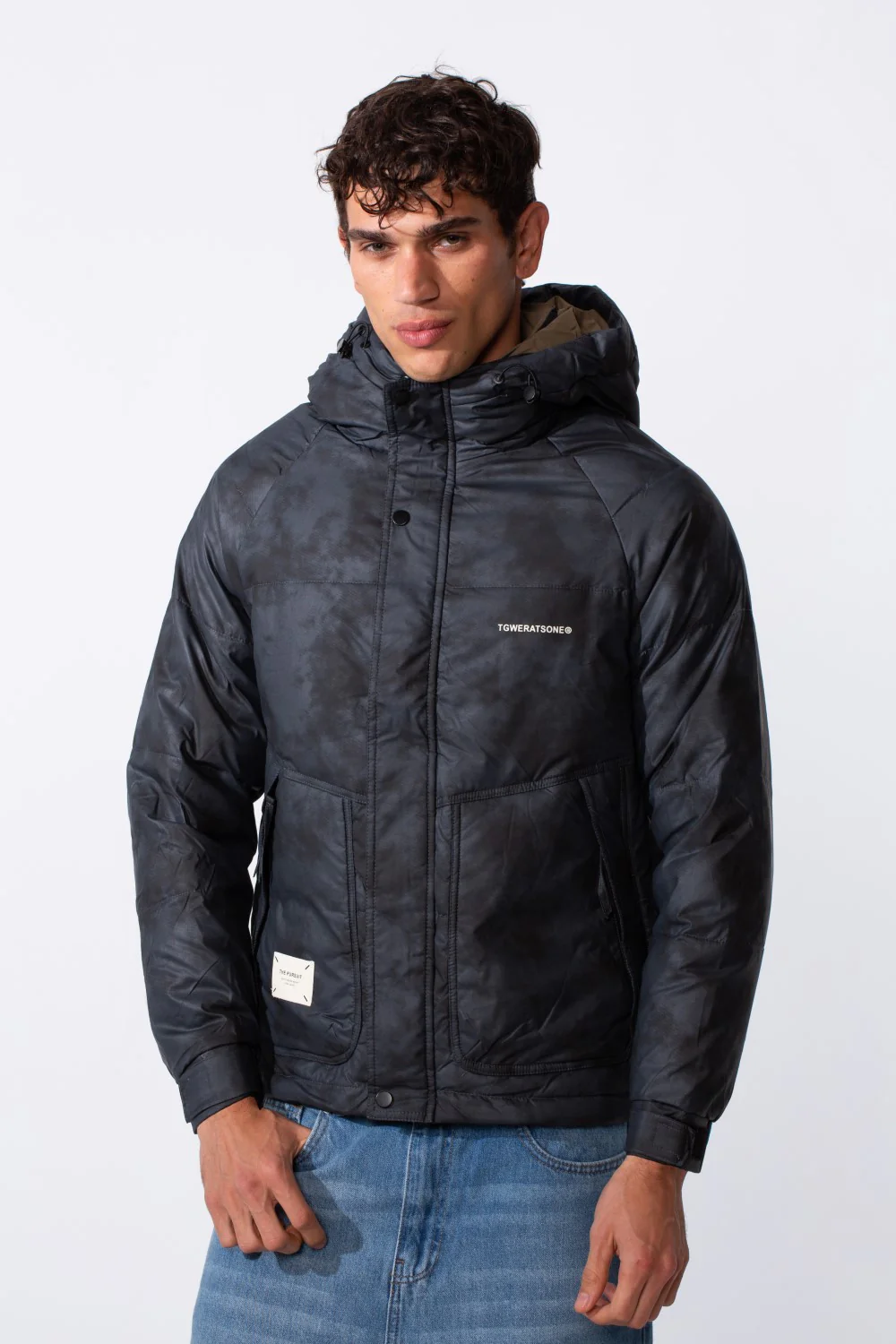Men's Waterproof Textured Fabric Zipper Hood Jacket - Image 5