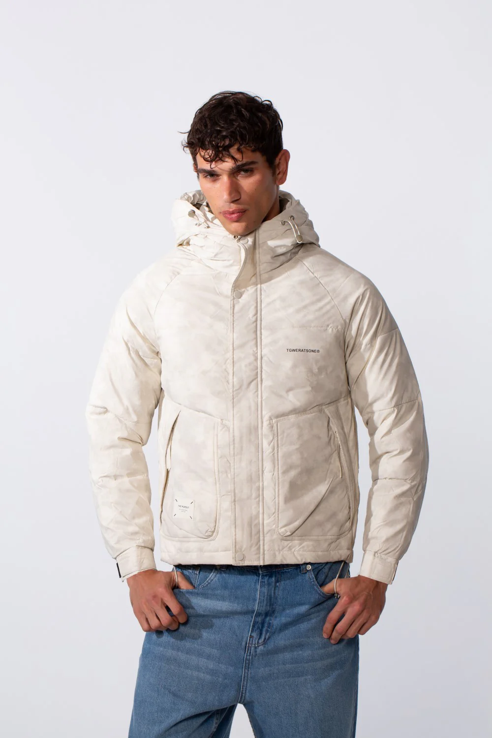 Men's Waterproof Textured Fabric Zipper Hood Jacket - Image 9