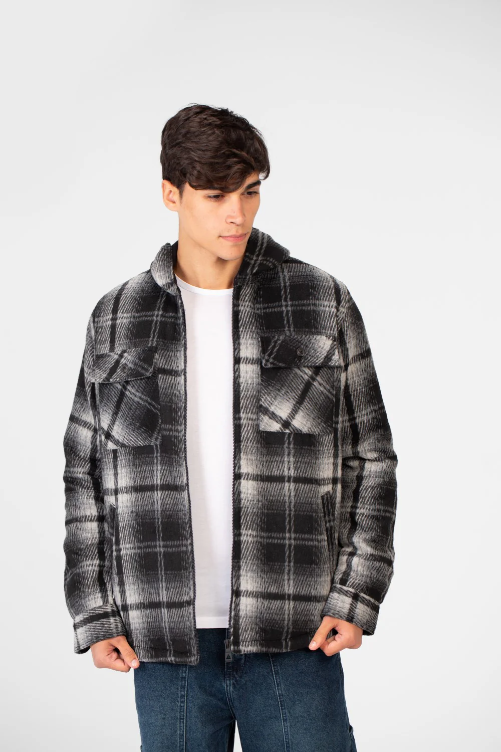 Men's Winter Checked Hood Shirt With Full Front Zipper Closure - Image 5