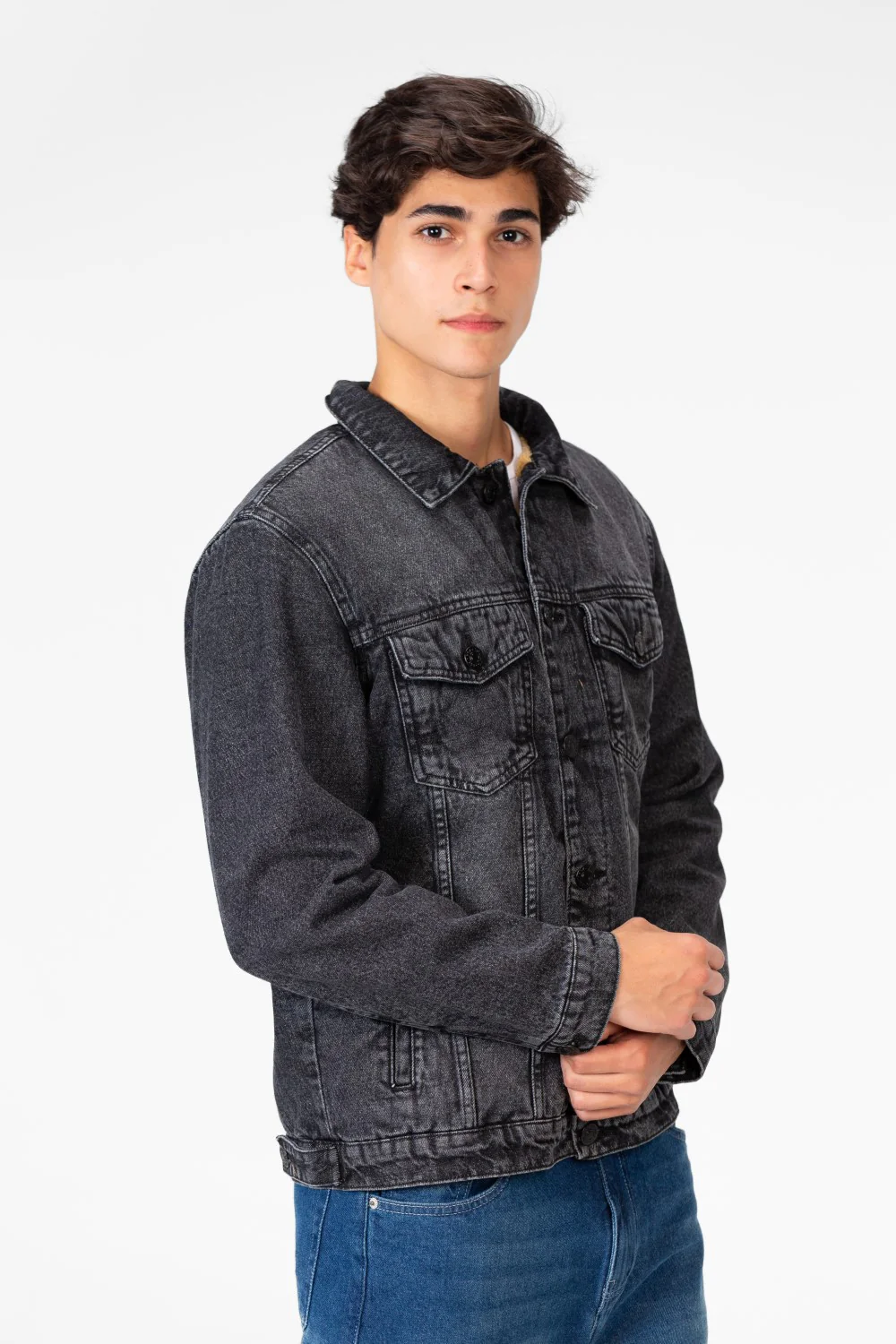 Men's Winter Fur Padded Denim Jacket With Basic Details - Image 3