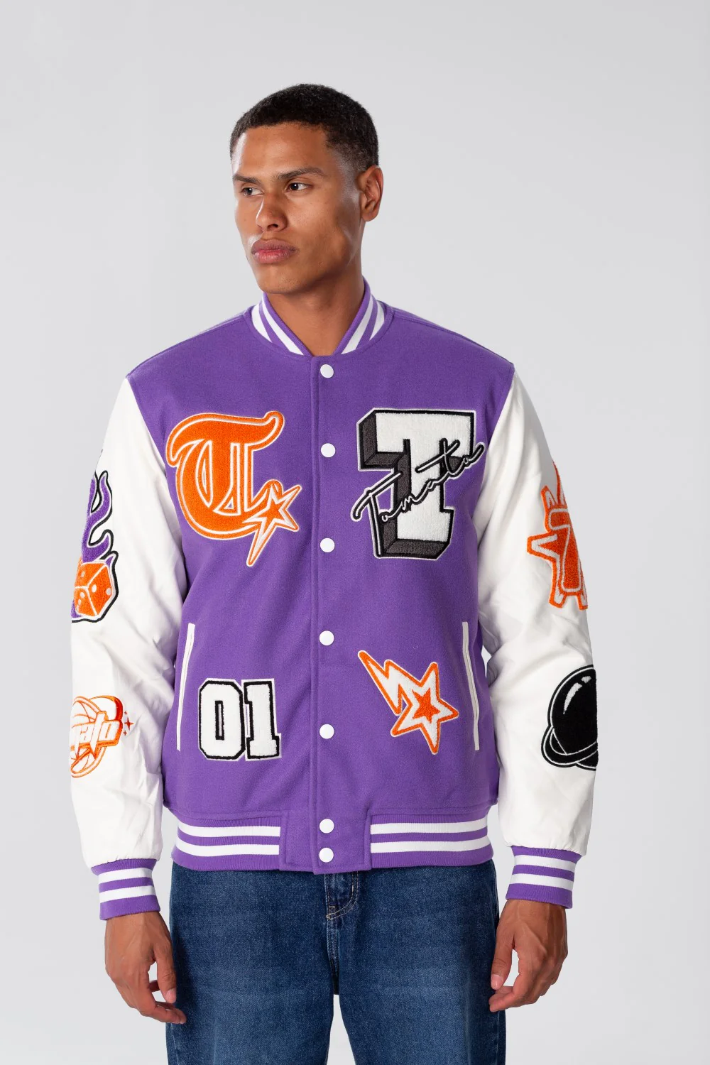 Men's Winter Varsity Printed Baseball Jacket With Stripes In White - Image 5