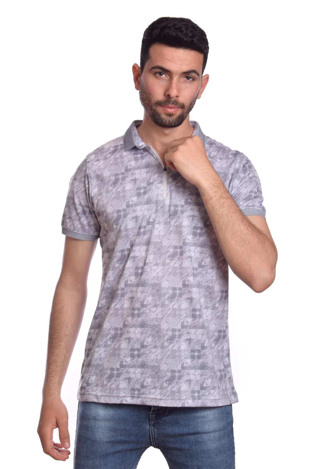 Men's With Zipper Polo Neck Short Sleeve Classic Style T-shirt - Image 3