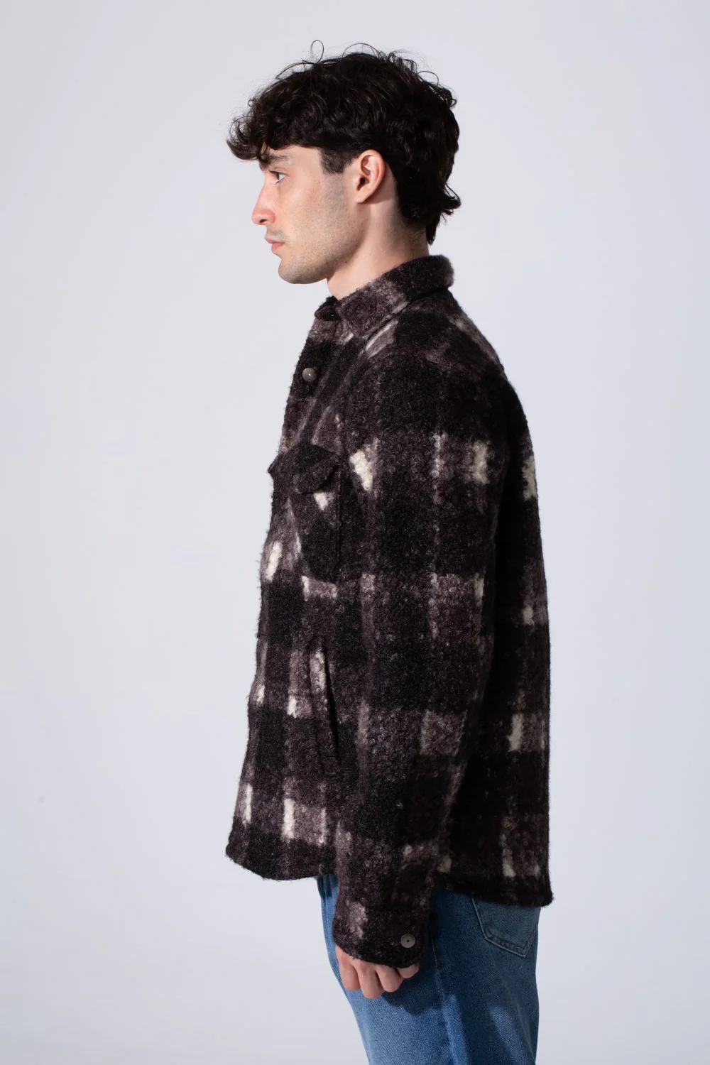Men's Wool Long Sleeved Modern Shirt With Front Pockets In Brown - Image 3