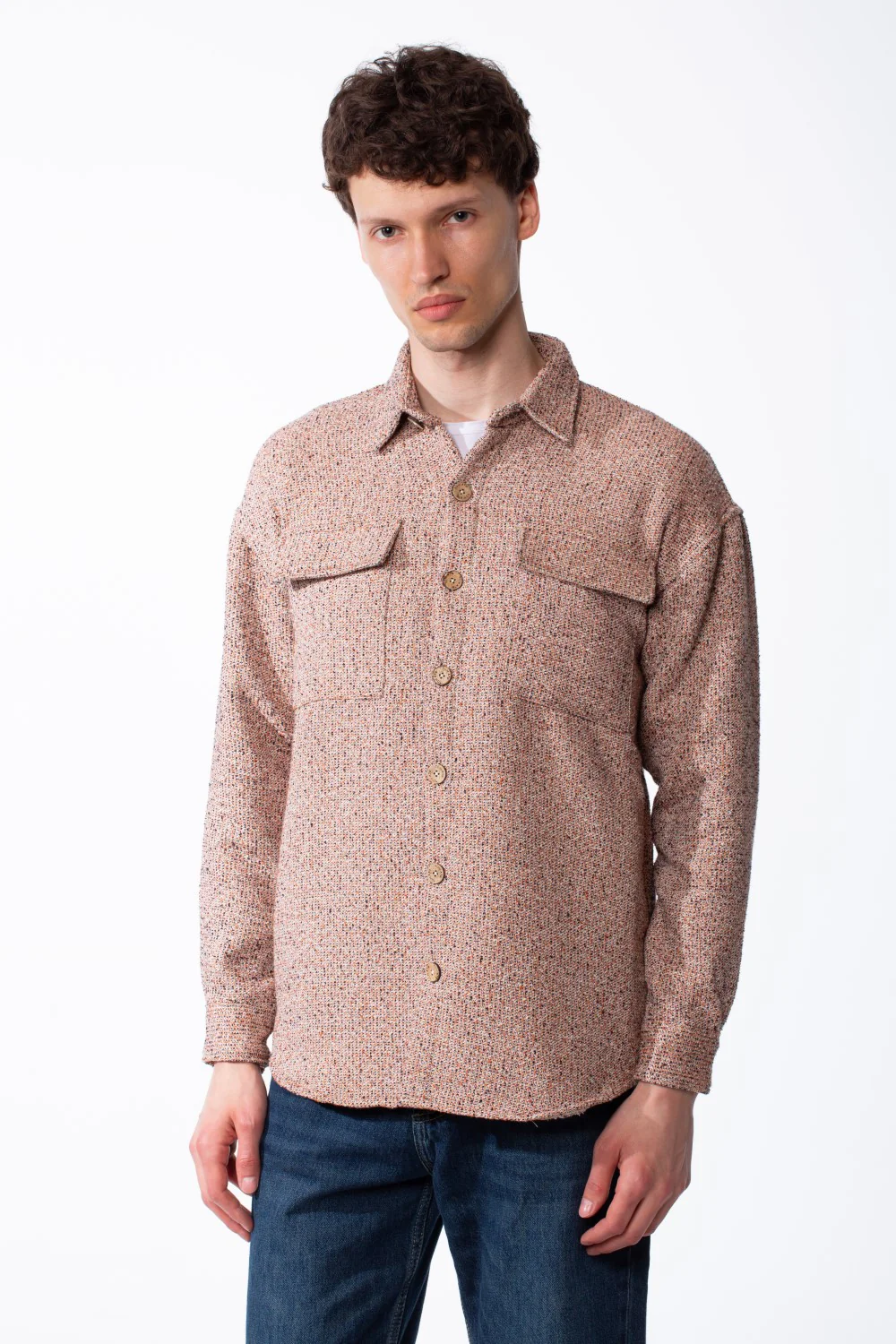 Men's Woolen Felt Fabric Classic Point Collar Chest Pockets With Flaps Detailed With Contrasting Tonal Buttons Shirt
