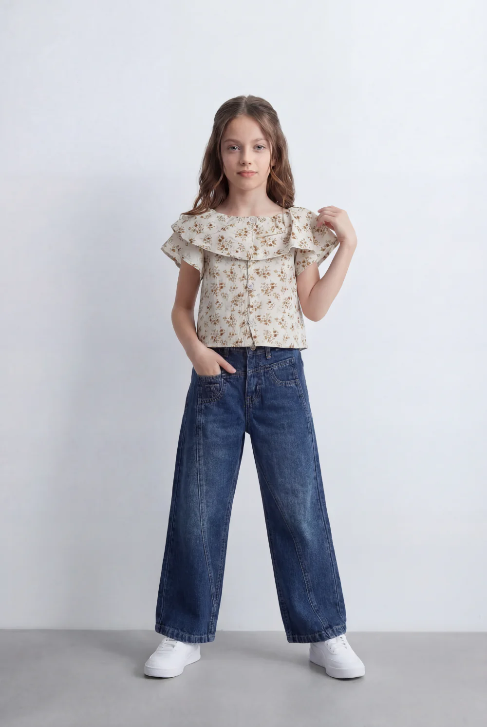 Girl's Tomato Store Wide Leg Denim Pants Drawcord Waist Cropped Length Utility Pocket Detail Washed Finish - Image 23