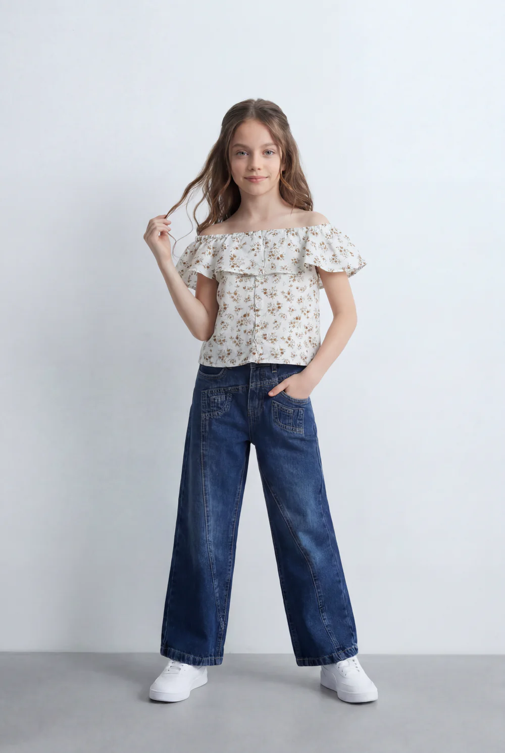 Girl's Tomato Store Wide Leg Denim Pants Drawcord Waist Cropped Length Utility Pocket Detail Washed Finish - Image 28
