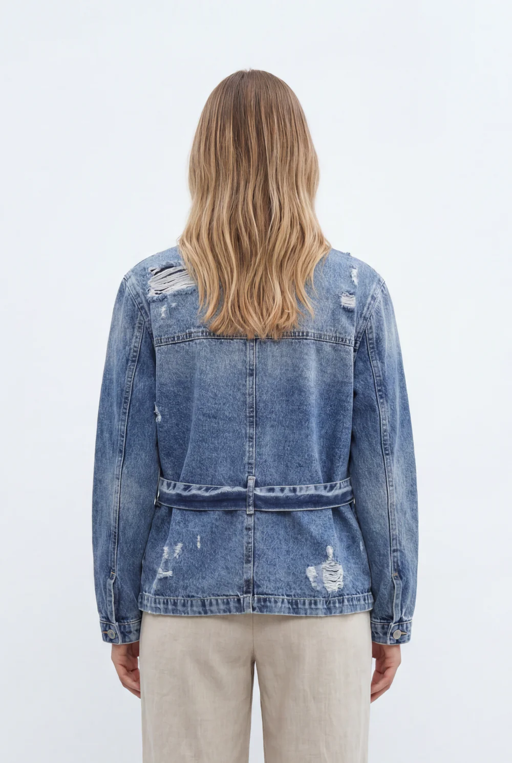 Women’s Tomato Store Denim Utility Jacket Crafted Vintage Wash Finish Featuring Tie Belt - Image 2