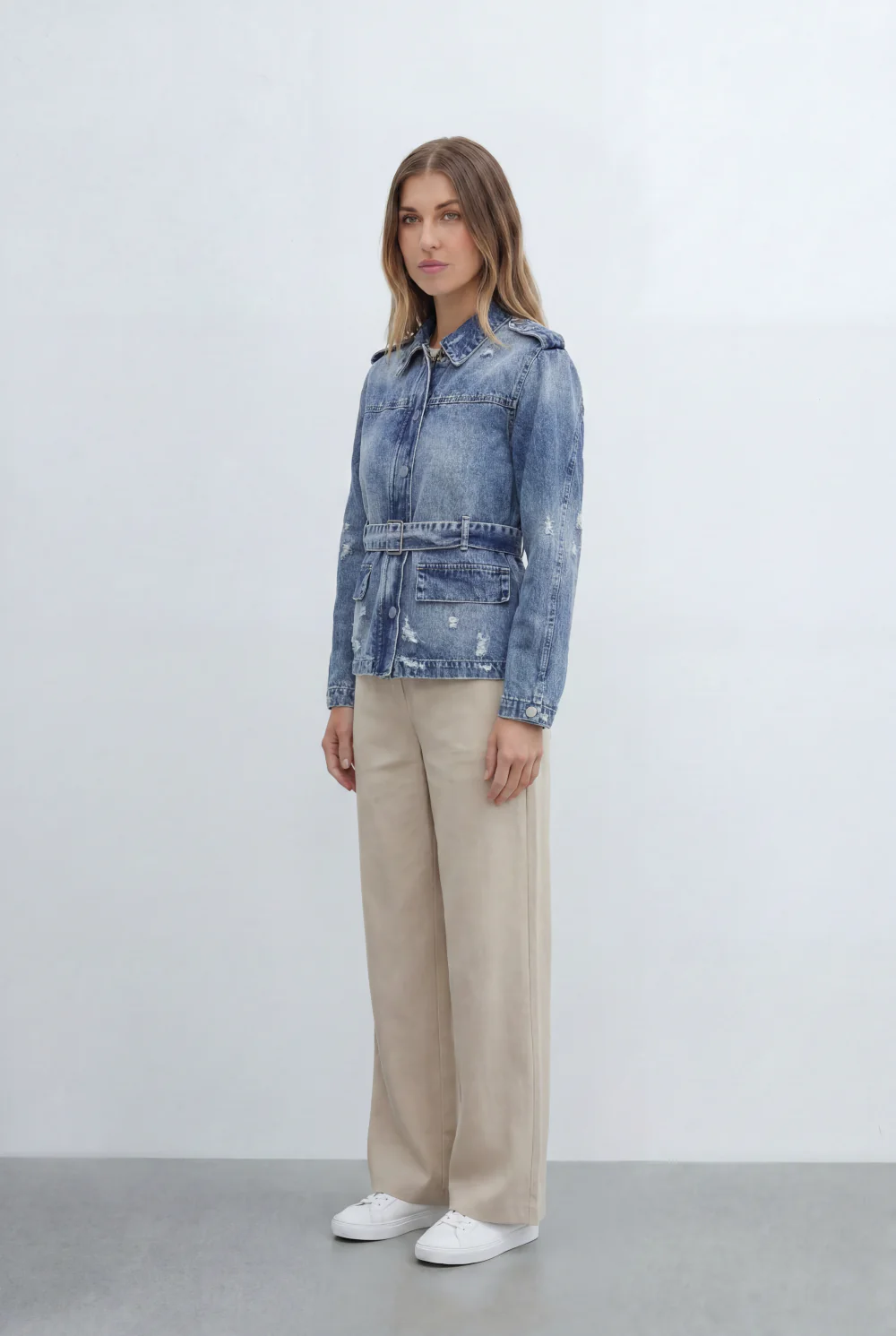 Women’s Tomato Store Denim Utility Jacket Crafted Vintage Wash Finish Featuring Tie Belt - Image 3