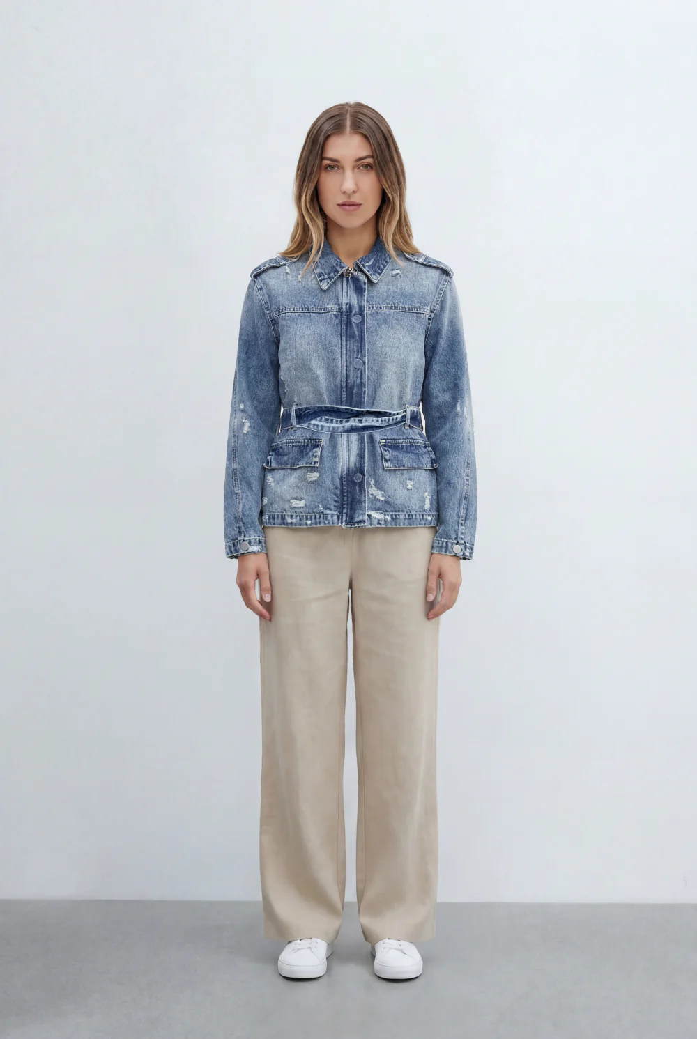 Women’s Tomato Store Denim Utility Jacket Crafted Vintage Wash Finish Featuring Tie Belt - Image 4
