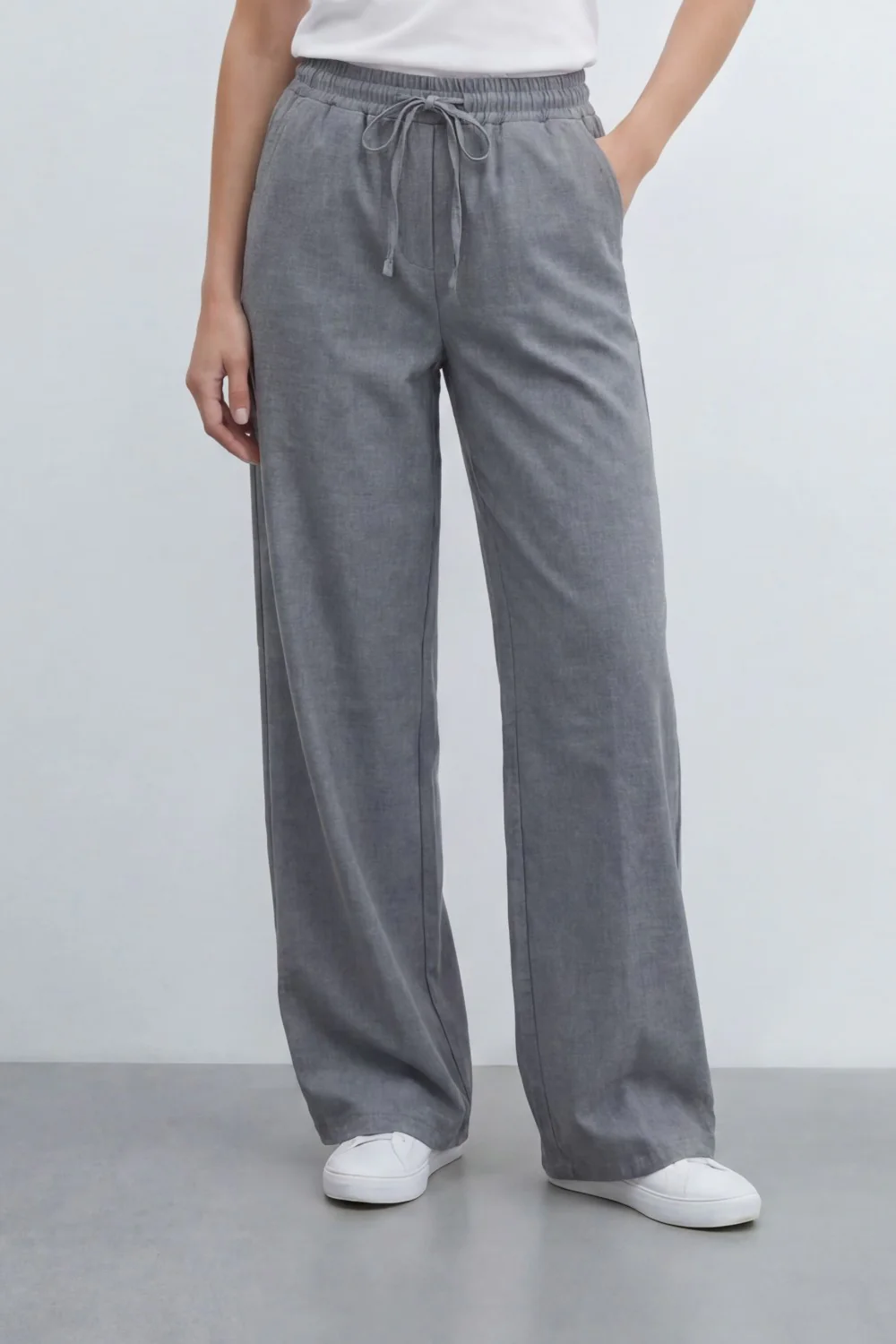 Women’s Tomato Store Breeze Drawcord Straight Pants With Linen Look Slub Texture Plain Washed Surface
