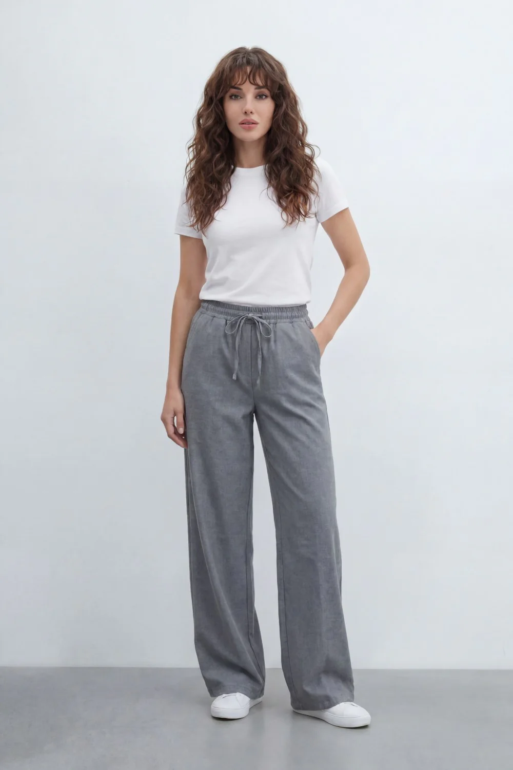 Women’s Tomato Store Breeze Drawcord Straight Pants With Linen Look Slub Texture Plain Washed Surface - Image 3