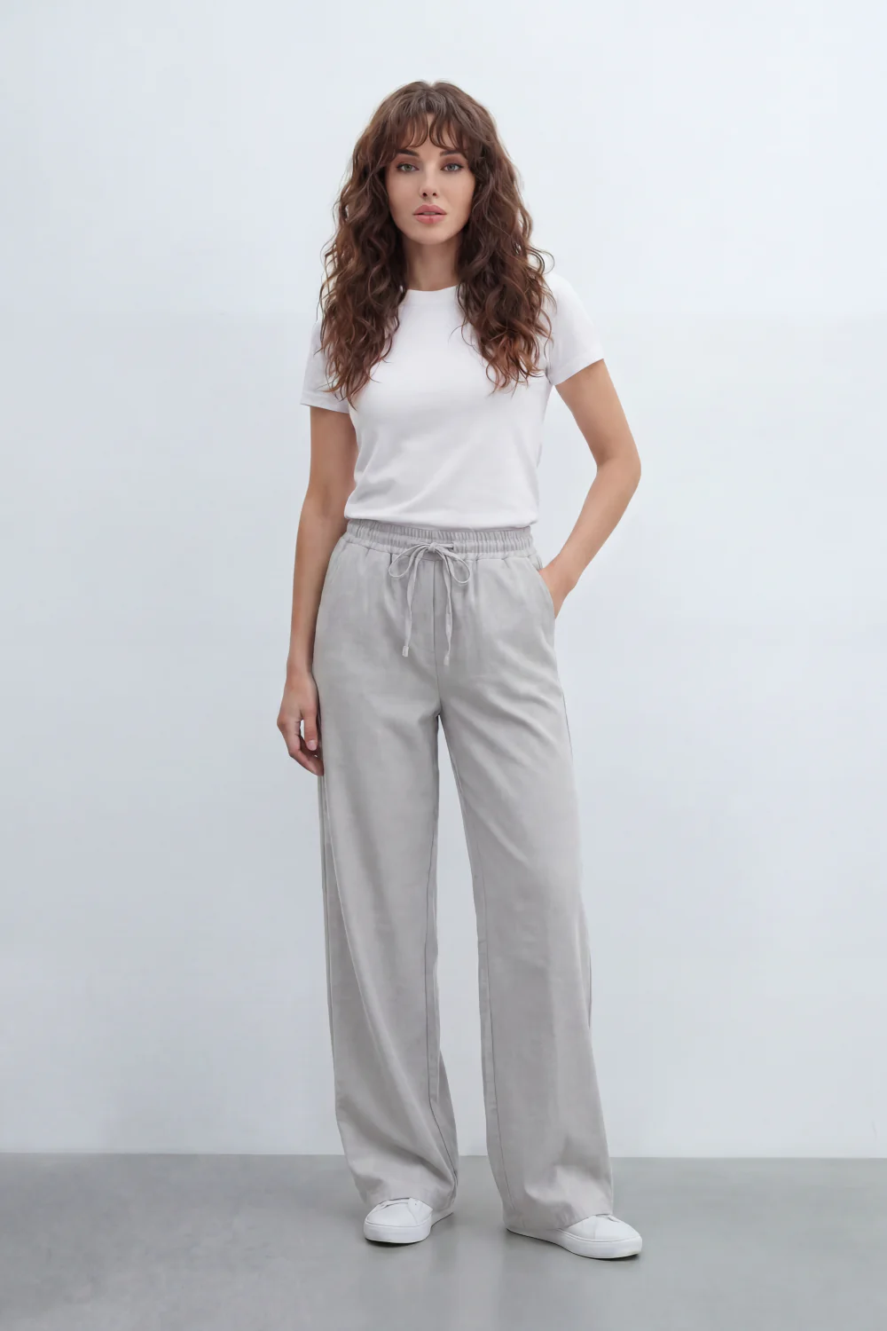 Women’s Tomato Store Breeze Drawcord Straight Pants With Linen Look Slub Texture Plain Washed Surface - Image 7