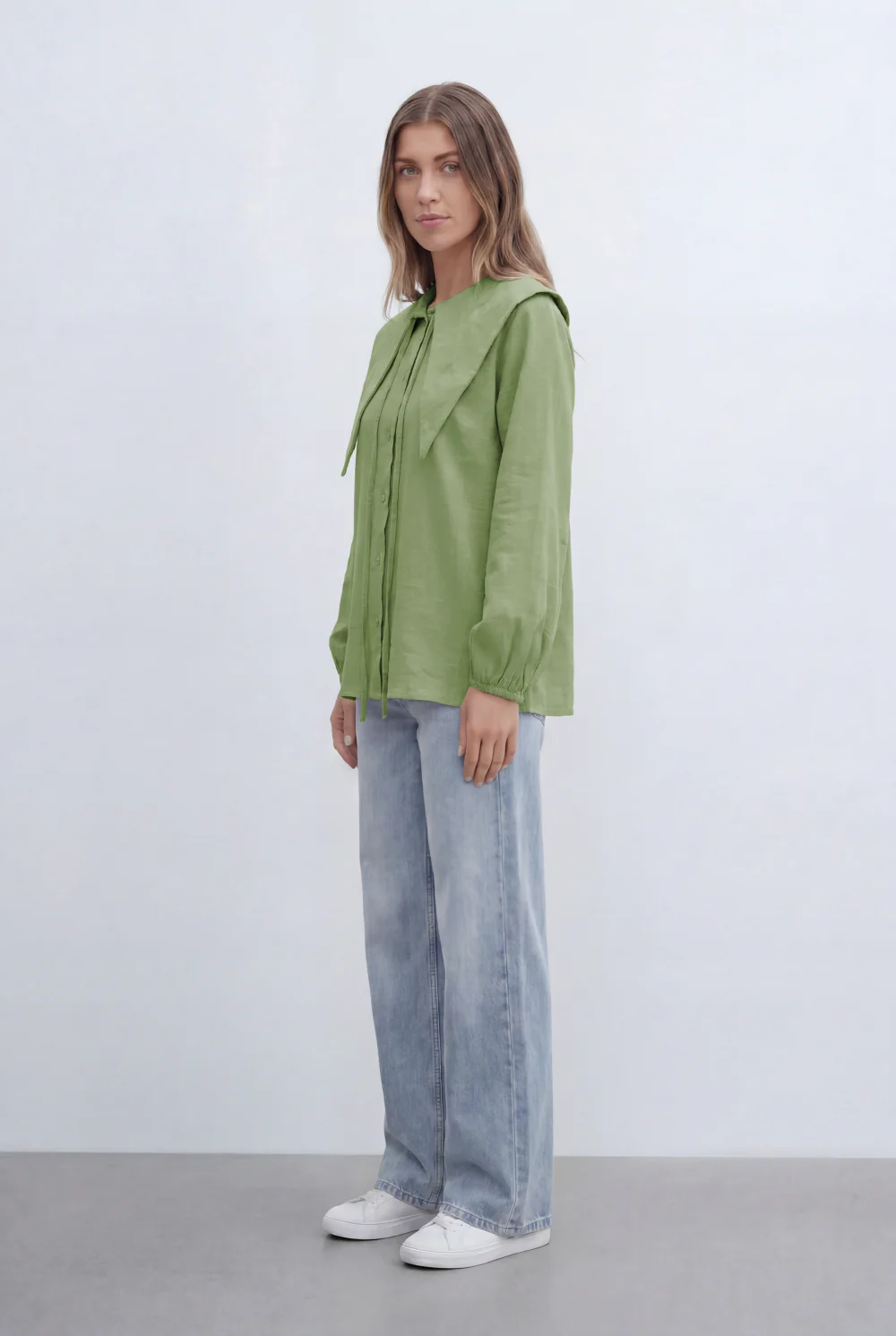 Women’s Tomato Store Button Front Blouse Oversized Sailor Collar Tie Detail Soft Gathered Cuffs - Image 12